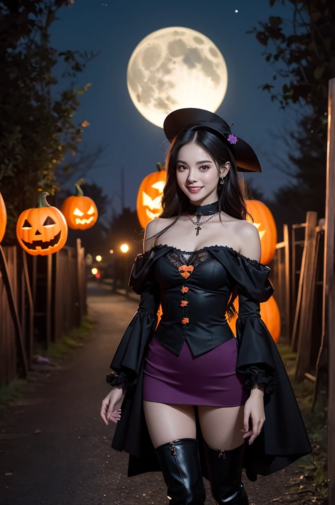 8k, RAW photo, best quality, masterpiece:1.2), (realistic, photo-realistic:1.4), (extremely detailed 8k wallpaper),A captivating young woman dressed in a Halloween-themed outfit stands confidently under the eerie glow of a full moon on a spooky autumn night. She’s wearing a seductive off-the-shoulder top, revealing her smooth shoulders, paired with a short, playful mini skirt. The dark, form-fitting outfit in shades of black and deep purple adds a mysterious and alluring vibe. Her thigh-high boots complement her long legs, and her wavy hair falls elegantly over her shoulders. In the background, jack-o'-lanterns with glowing faces, twisted trees, and haunted houses set the scene, while bats fly in the distance. She carries a small pumpkin-shaped handbag, a witch’s hat tilted to the side, and her mischievous yet charming smile completes the enchanting Halloween look.