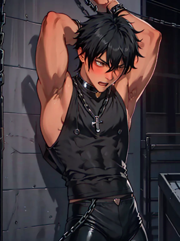  realistic skin　Being thin　Black Hair　naked　 realistic skin　 open crotches 　 raising arms　Bound in chains　 it's opening its mouth　cliff　Long bangs　Boy in a black T-bag　 skin is visible here and there　Sleepy look　Blushing　Droopy eyes　Cross-eyed　Sleeveless boy　being bound by chains　Chains wrapped around the body　Boy putting pressure on his thighs　Boy in black tights