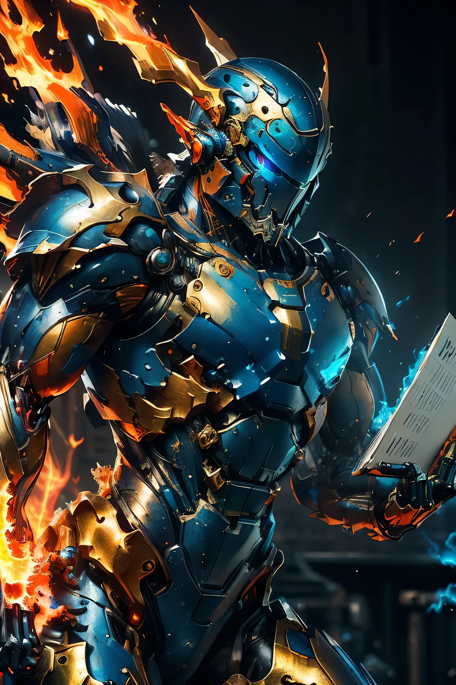 ((running towards viewer , dynamic pose: 1.5)), (metallic: 1.8, orange and blue suit: 1.5), (Japanese hero, whole body), (mech bodysuit with swords: 1.5), ((blue big fire: 1.5)), cyberpunk, My eyes are shining brightly, Suit parts are large , Lots of LEDs, ( helmet with sharp antennas), Unreal Engine 5, High image quality, best quality, High Resolution , Super detailed, Fine painting, Extremely delicate, professional, anatomically accurate, creativity, RAW Photos, 超 High Resolution , 32K, Natural Light, Cinema Lighting, masterpiece-anatomy-perfect, masterpiece:1.5, ( portrait with notebook in hand), (action pose), ((was a mecha))