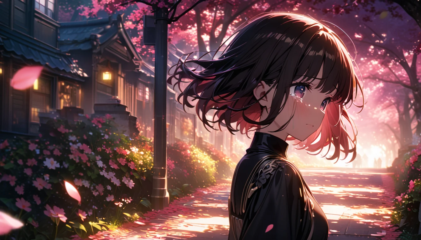 Kana Arima taking a walk through sakura tree alley while crying, best details, 4K, detailed eyes,