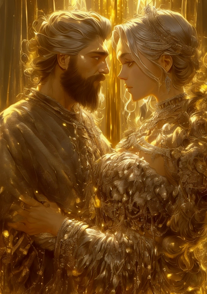  Image of two people ,  short-haired Silver boy ,  old bearded man handsome silver-haired.  golden blonde girl .  facing each other .  Loving gaze . Queen and King . Hugging each other. near visual.