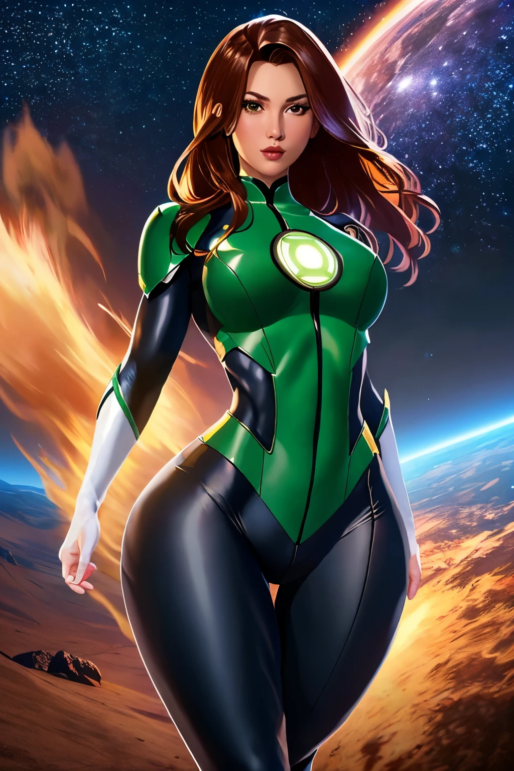 masterpiece, best quality, tween girl, flat chest, slim waist, large hips, thick legs, green lantern costume, outer space, medium shot