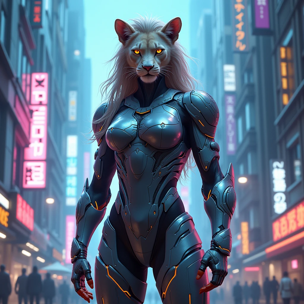 What would fashion be in 2070 , tiger , cyberpunk, cybersigilism, cybercore, futuristic, tiger guardian , bioengineering human, full body, human model