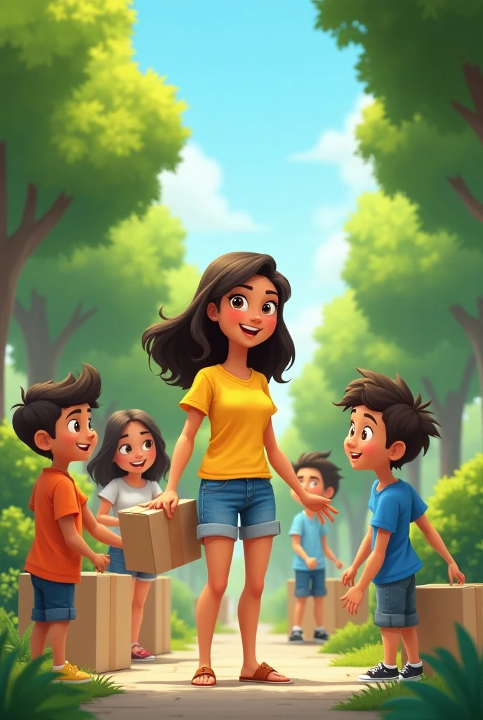 A mom with her four (4) children a 13 years old daughter, a 11 years old daughter, a 7 years old son and a 4 years old babygirl . And they are all standing straight