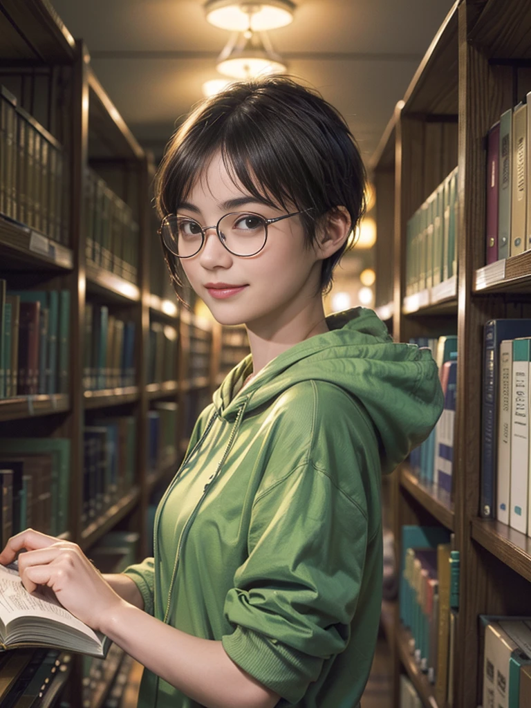 1 latina girl, black hair, short hair, curly hair, white skin, Brazil national team shirt, round eyewear, glasses, library, green eyes, solo, leaning towards viewer, black eyeliner