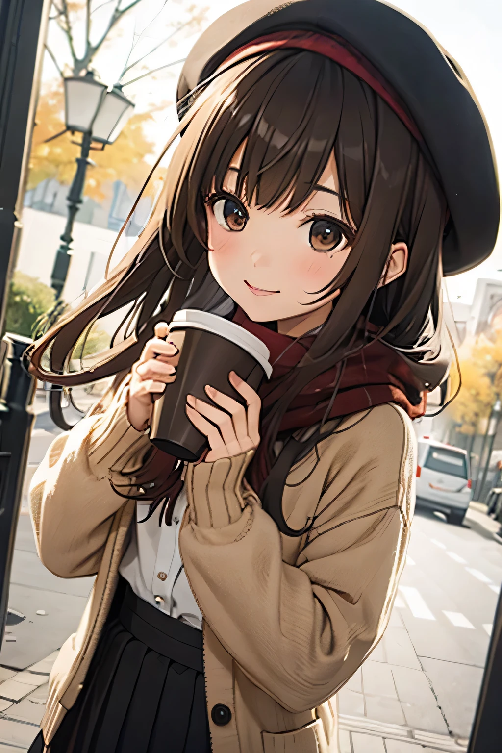  1 girl, 秋の紅leaf, bangs,  black headwear, Blurred Background, ,  Brown Eyes , Brown Hair, brown scarf, brown skirt,  cardigan, coffee,  cowboy shots, cup, disposable cup, [drink, 落ちleaf, Beanie, holding, holding [drink, leaf, Long Hair,  Long Sleeve ,  viewers almost at night, open  cardigan,  opens her mouth, Check pattern, Check pattern skirt, puffy  Long Sleeve , red sweater, scarf, shirt, shirt tucked in,  side lock, skirt, smile, Alone, sweater, white shirt,  very detailed, Complex, masterpiece, Absurd
