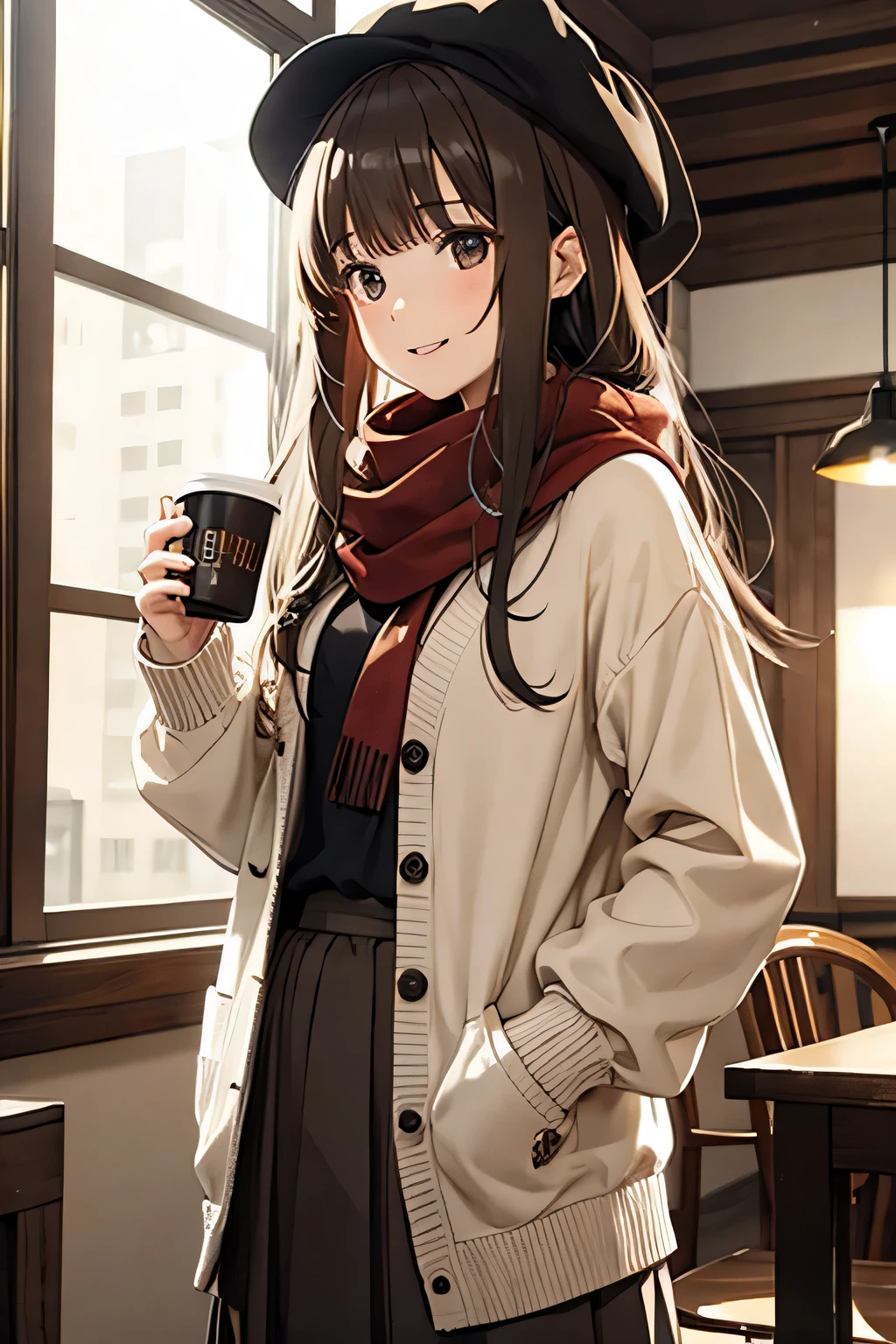  1 girl, 秋の紅leaf, bangs,  black headwear, Blurred Background, ,  Brown Eyes , Brown Hair, brown scarf, brown skirt,  cardigan, coffee,  cowboy shots, cup, disposable cup, [drink, 落ちleaf, Beanie, holding, holding [drink, leaf, Long Hair,  Long Sleeve ,  viewers almost at night, open  cardigan,  opens her mouth, Check pattern, Check pattern skirt, puffy  Long Sleeve , red sweater, scarf, shirt, shirt tucked in,  side lock, skirt, smile, Alone, sweater, white shirt,  very detailed, Complex, masterpiece, Absurd
