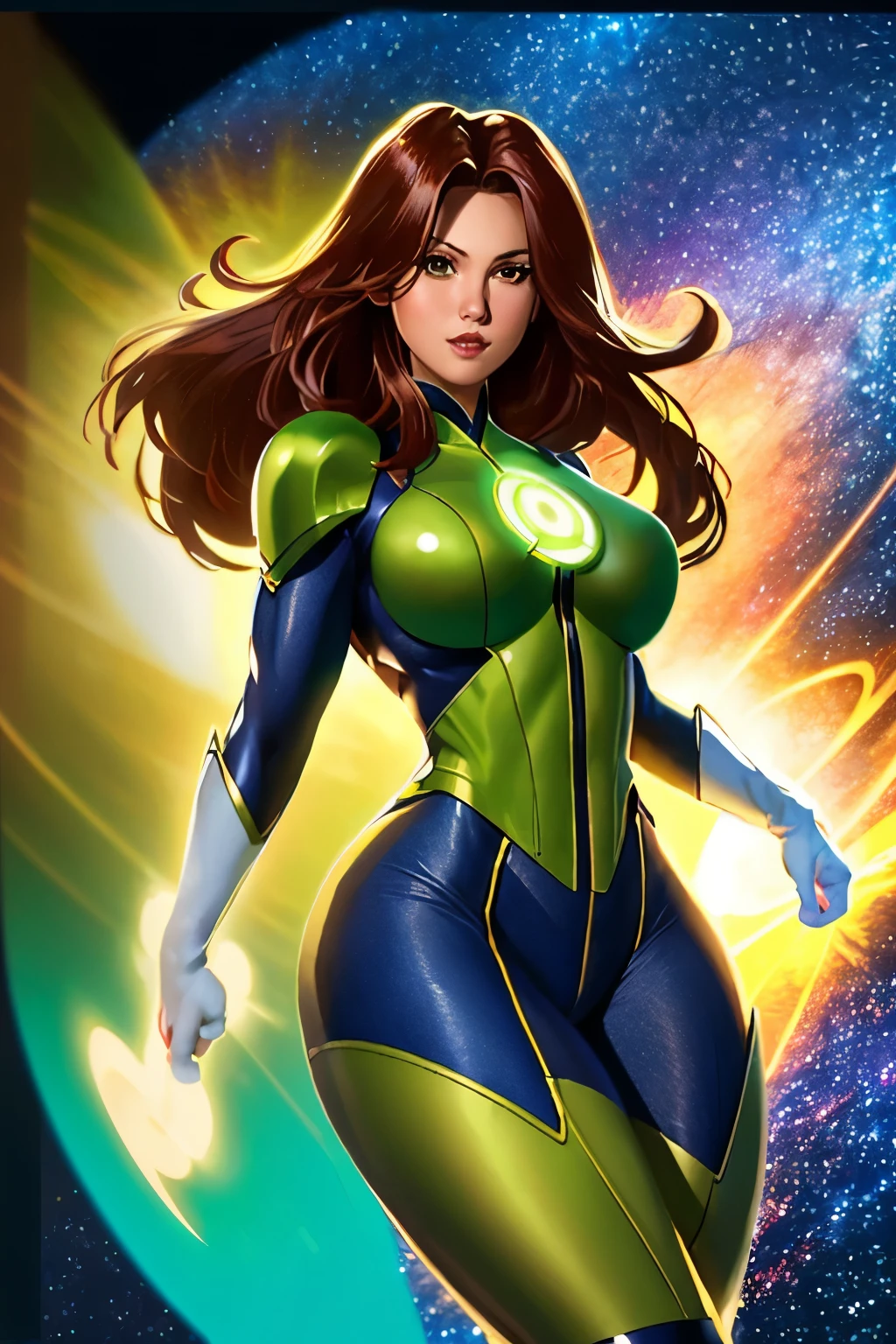 masterpiece, best quality, tween girl, flat chest, slim waist, large hips, thick legs, green lantern costume, outer space, medium shot