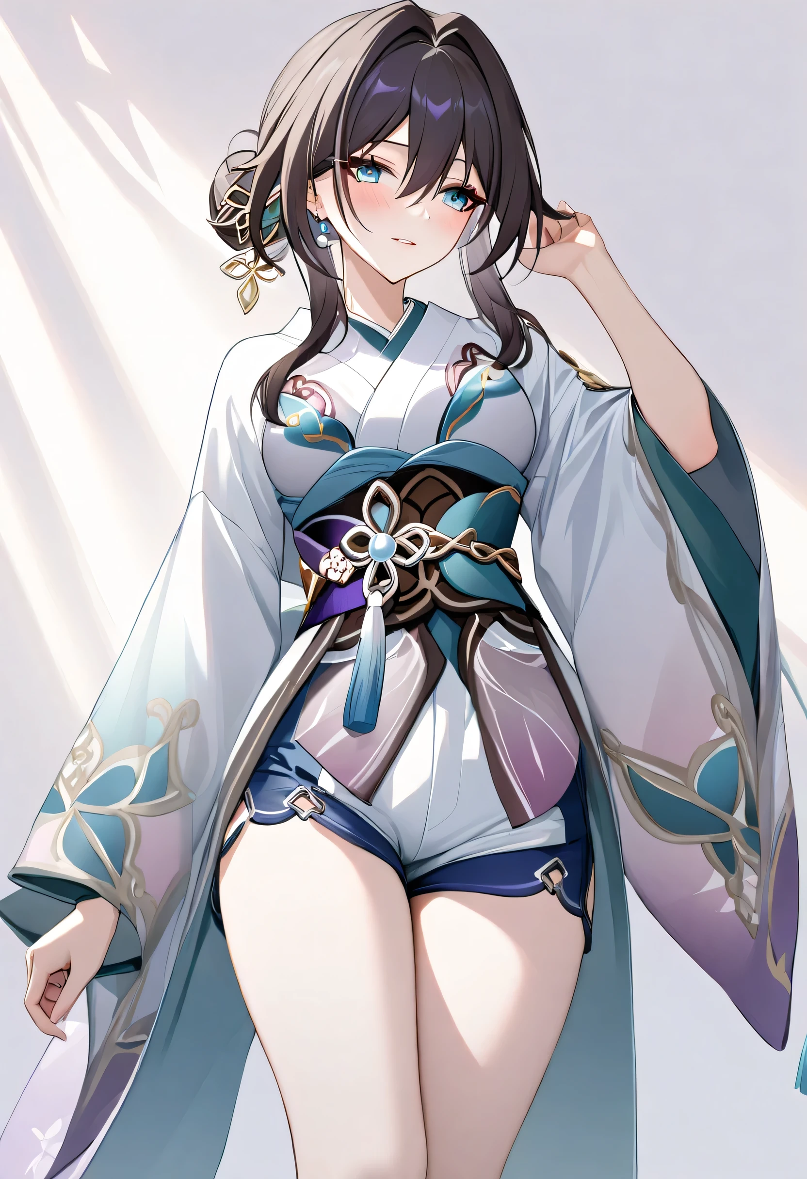 looking ahead, ruan mei \(honkai: star rail\), long brown hair, hair between eyes, hair ornament, long hair, blue eyes, medium breast, blush, seductive smile, heavy breathing, 1 girl, adult grown woman, masterpiece, best quality, beautiful detailed eyes, extremely detailed CG unity 8k wallpaper,  (kimono with butterfly patterns:1.6), (purple and white color palette:1.5), (wide sleeves:1.4), (ornate obi belt with tassels:1.6), (shorts:1.5), (floral knot details:1.4), (silk fabric:1.3), (light and airy aesthetic:1.4), (elegant but modern:1.5), (delicate embroidery:1.4), (minimalist accessories:1.2)