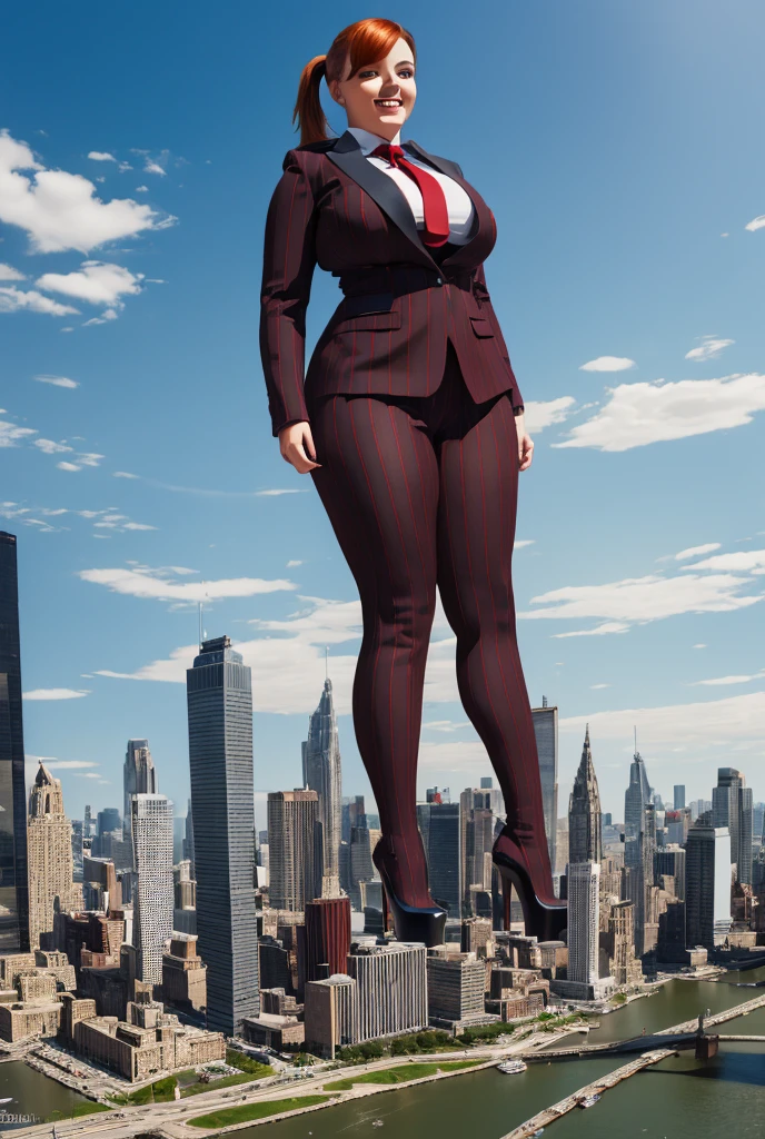 (photorealism:1.2), young , beautiful bbw schoolgirl a massive curvy ginger ponytail red lips wearing a perfect grey pinstripe suit with a thick dark red tie large collar large breasts. Platform high heels , standing, giantess art, highly detailed giantess shots, giantess, most detailed, perfect face, Two legs, Five fingers, short hair, A high school girl who is bigger than a skyscraper, standing on very small city, skyscarpers at their feet, skyscrapers small, smile, huge breasts, Red tie, major metropolis, numerous Destroying cities, Under heavy attack, A very small big city, Miniature metropolis, Full body description, GTS, giga giantess, gigagts, stomping city, crash city, tiny city, micro city, , High resolution, highest quality, masterpiece, 