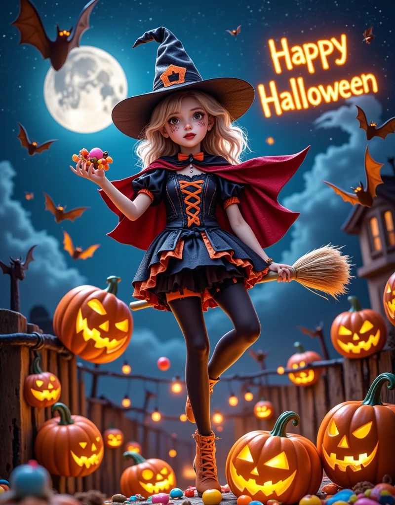 photography style, Panoramic top-down shot, in the night sky, full moon, (cute witch is flying in the sky on a broomstick:1.5), (riding a broomstick:1.3), witch in a cape, wearing a magic hat, black shorts, black stockings, throwing candy in her hand, bats flying in the sky, looking at the camera, (there is a burning English saying Happy Halloween in the sky), contrast between warm and cool tones, Realism, photograph