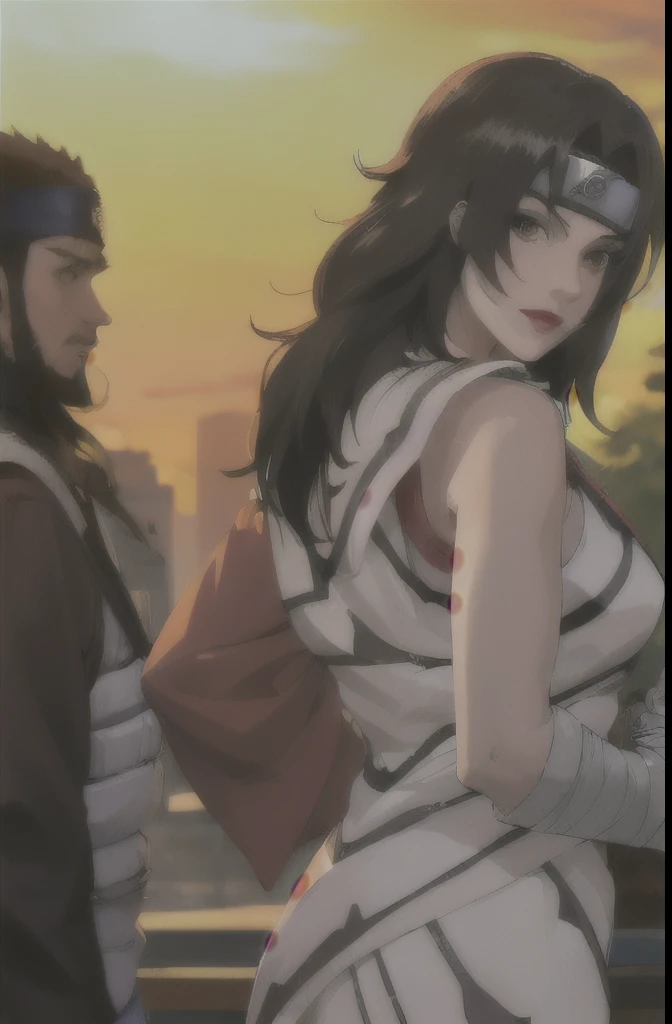 outdoors, lens flare, depth of field, bokeh, vanishing point, solo, looking at viewer,((masterpiece, best quality)), BREAK 
NinjaWhiteDress_KurenaiYuhi_ownwaifu, 
1girl, forehead protector, black hair, long hair, red eyes, makeup, lipstick, konohagakure symbol, red lips, large breasts,  
bandaged arm, fishnet top, bandaged hand, sleeveless, bandaged leg, cleavage, long sleeves, asymmetrical sleeves, single sleeve, vest,  collarbone, 
(contrapposto, looking back)insaneres, absurdres,