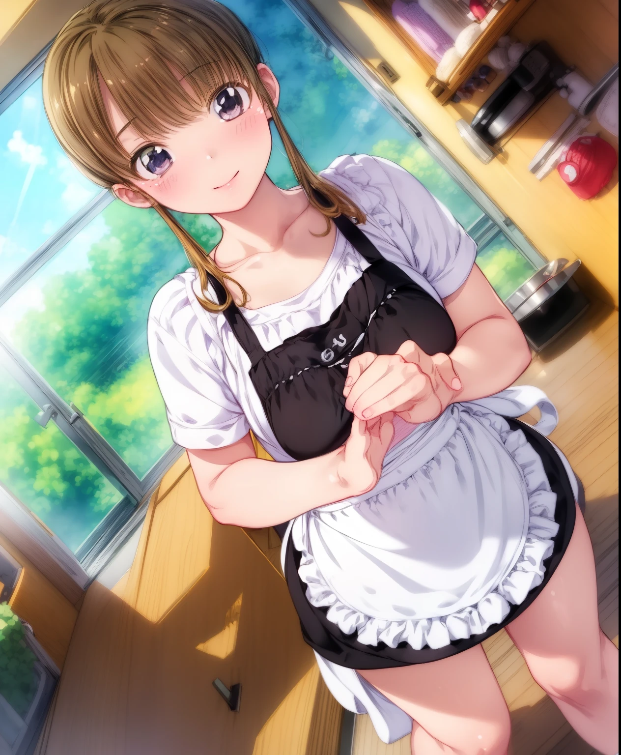 (masterpiece、Best Quality、Best Quality、Official Art、Beautiful and beautiful:1.2)、(One person:1.3),,kitchen、Cooking,Beautiful breasts,Cute Apron、Adorable young girl , Delicate animated illustration ,  WATCH VIEWERS , Soft and smooth lighting,  soft pastel colors, 120mm lens