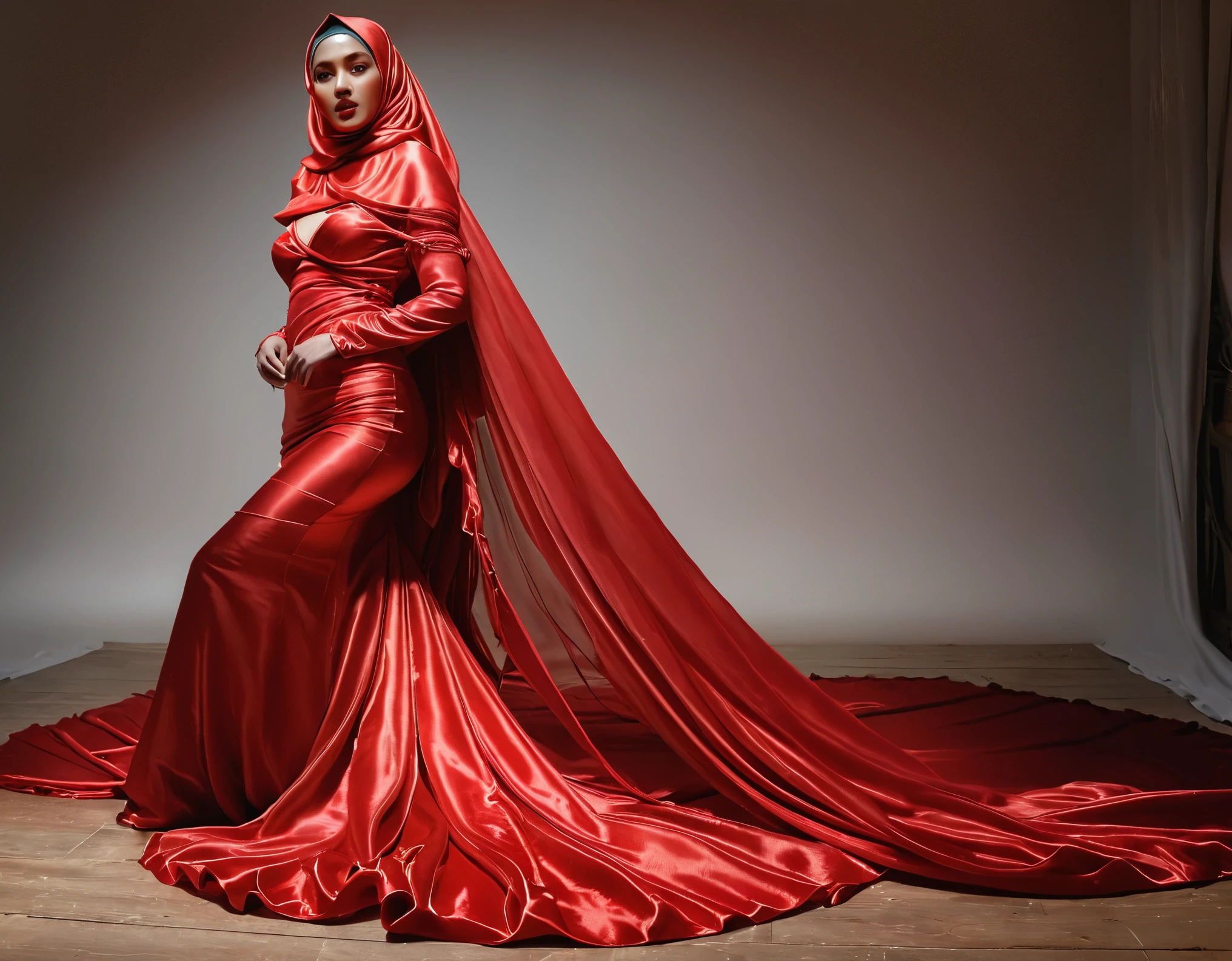 A woman shrouded in a 10-meter-long, plush red semi transparent satin shimmer cloth, slim body with big breast, tightly bound and grandly draping along the form of her body, flowing off into a pooled floor-length train, styled in a mermaid-inspired outfit, her head modestly veiled in a satin hijab, tall woman, strugle to move, standing in photo studio, a full-body pose conveying a sense of mysterious elegance, captured in a 4k resolution, ultra-realistic