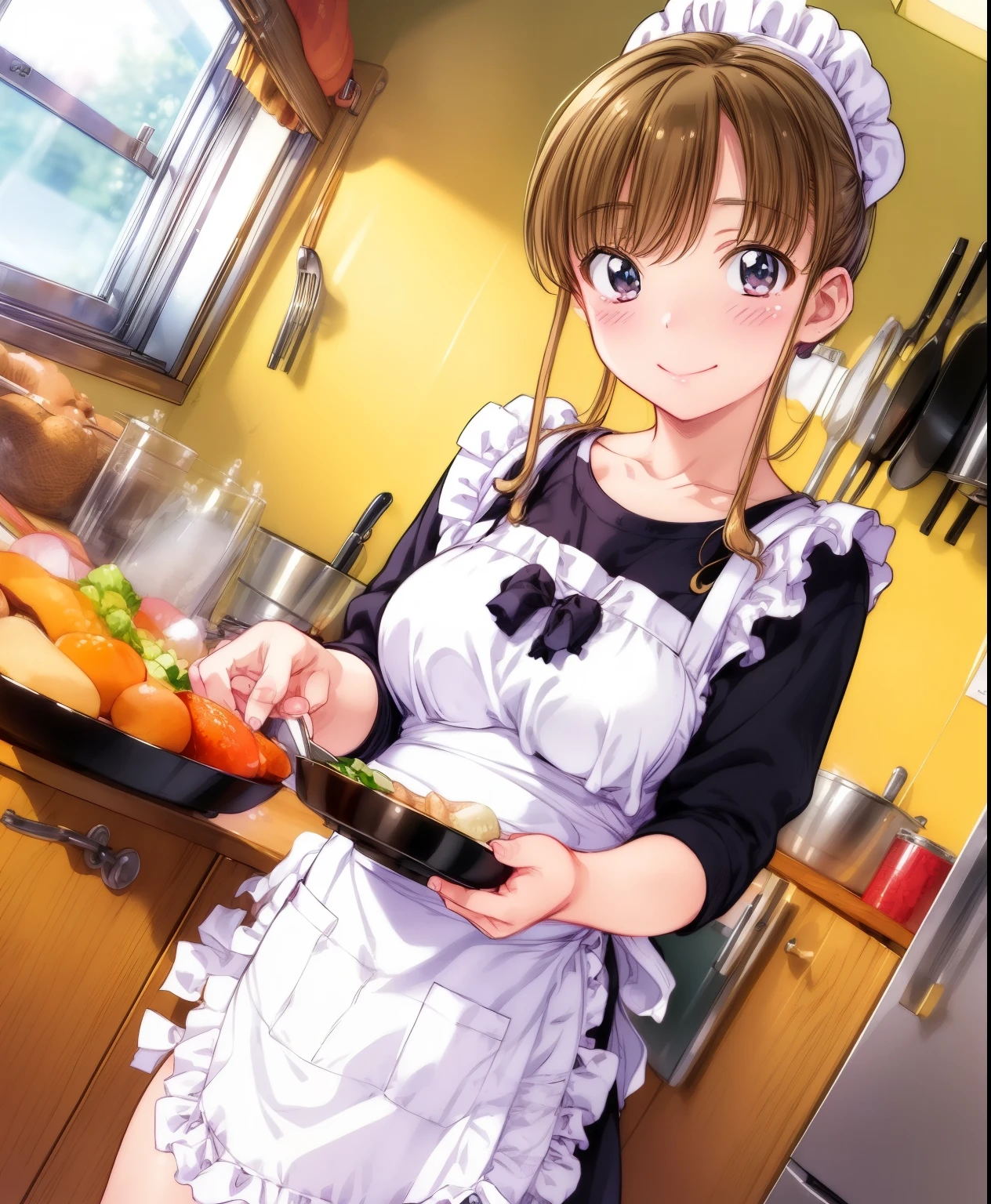 (masterpiece、Best Quality、Best Quality、Official Art、Beautiful and beautiful:1.2)、(One person:1.3),,kitchen、Cooking,Beautiful breasts,Cute Apron、Adorable young girl , Delicate animated illustration ,  WATCH VIEWERS , Soft and smooth lighting,  soft pastel colors, 120mm lens