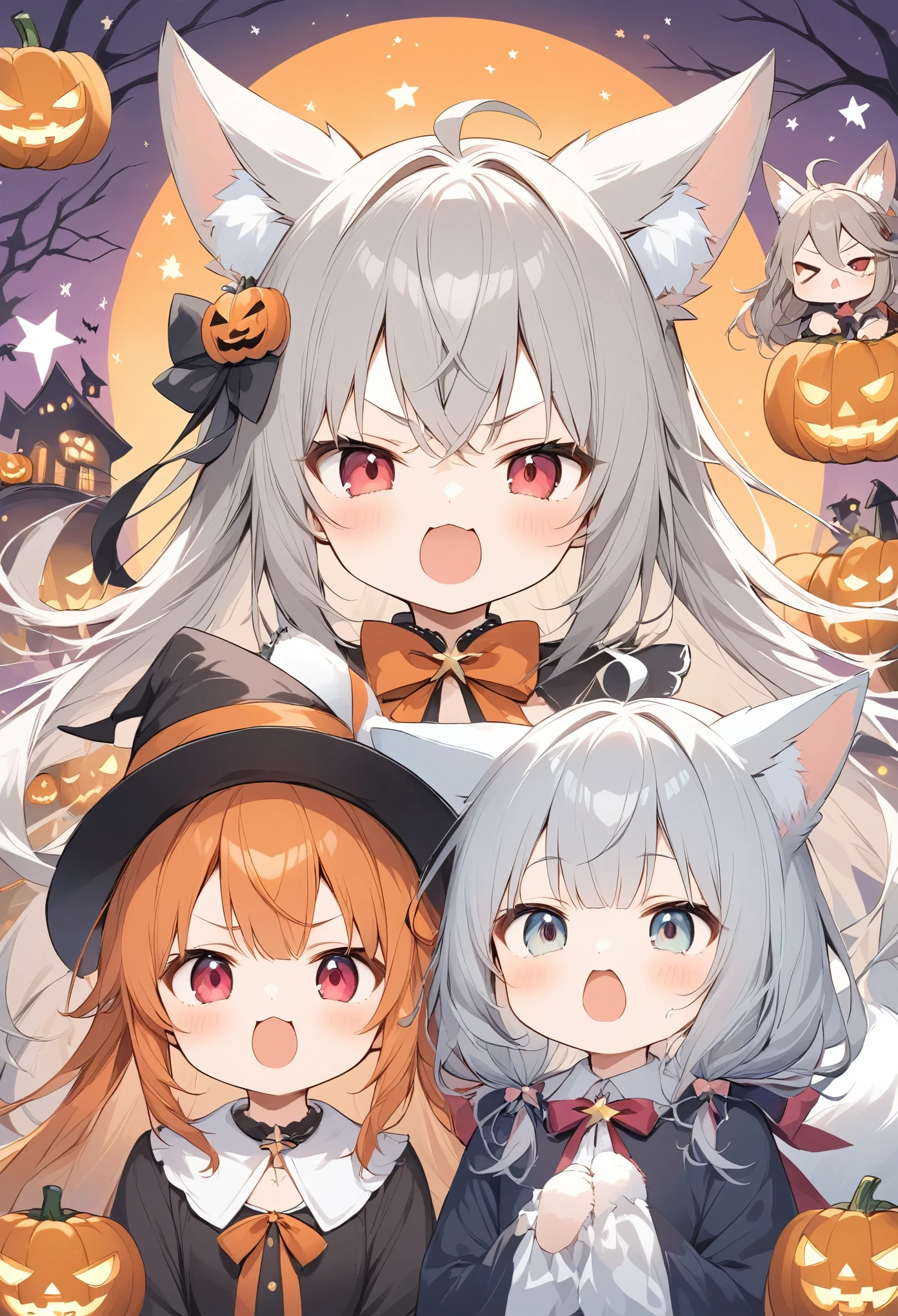 Thin and soft painting style 、White fox girl 、Gray Hair、  Smooth Long Hair  、Fox Ears、  Fox's Fluffy Tail  、Ruby Eyes、Slanted Eyes、cute、Halloween、 jack-o-lantern background、Witch Costume、Puff out your cheeks、They don't give me sweets and they're relentless,Angry face、cross-popping vein、:<