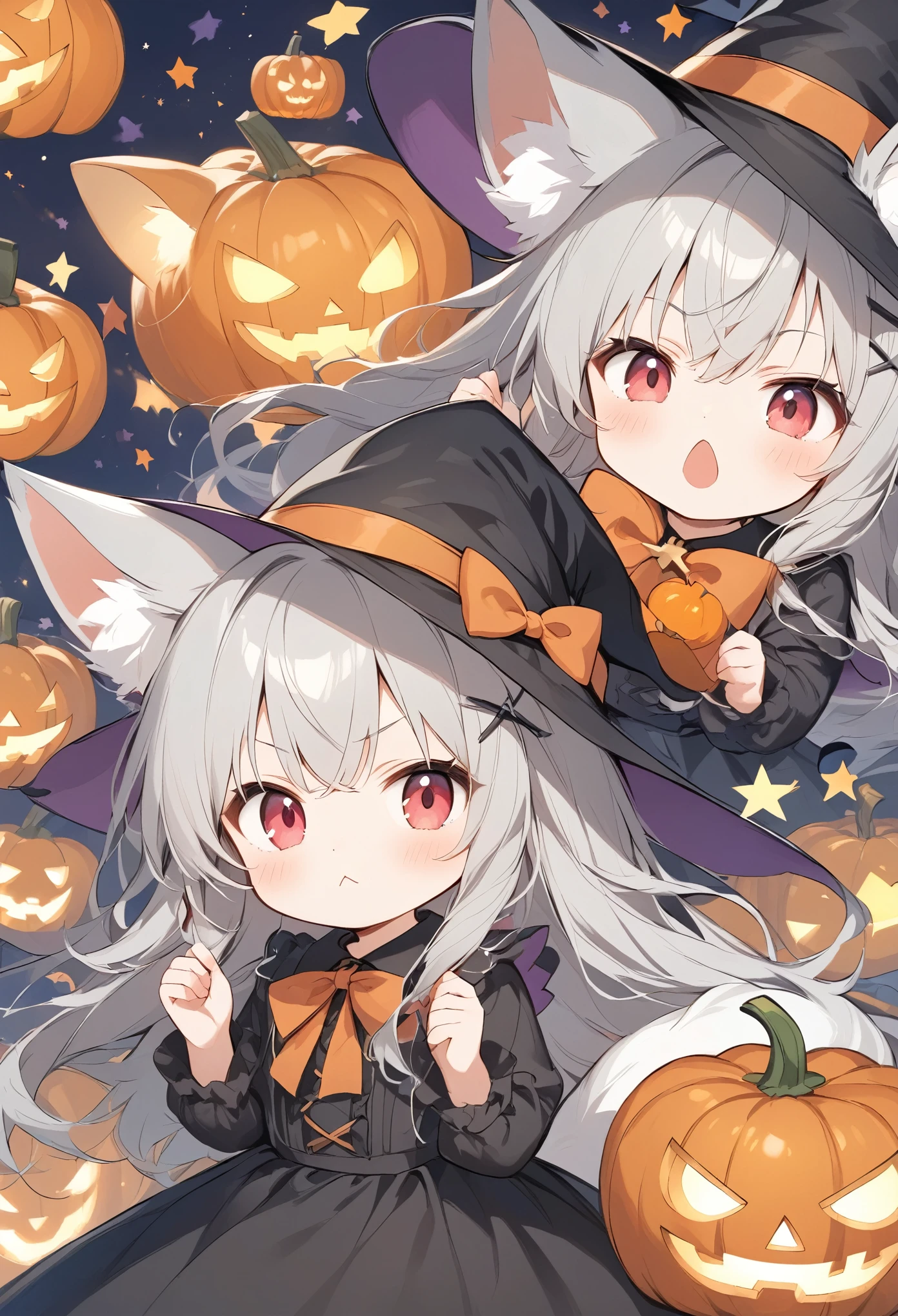 Thin and soft painting style 、White fox girl 、Gray Hair、 Smooth Long Hair 、Fox Ears、 Fox's Fluffy Tail 、Ruby Eyes、Slanted Eyes、cute、Halloween、 jack-o-lantern background、Witch Costume、Puff out your cheeks、They don't give me sweets and they're relentless,Angry face、cross-popping vein、:<