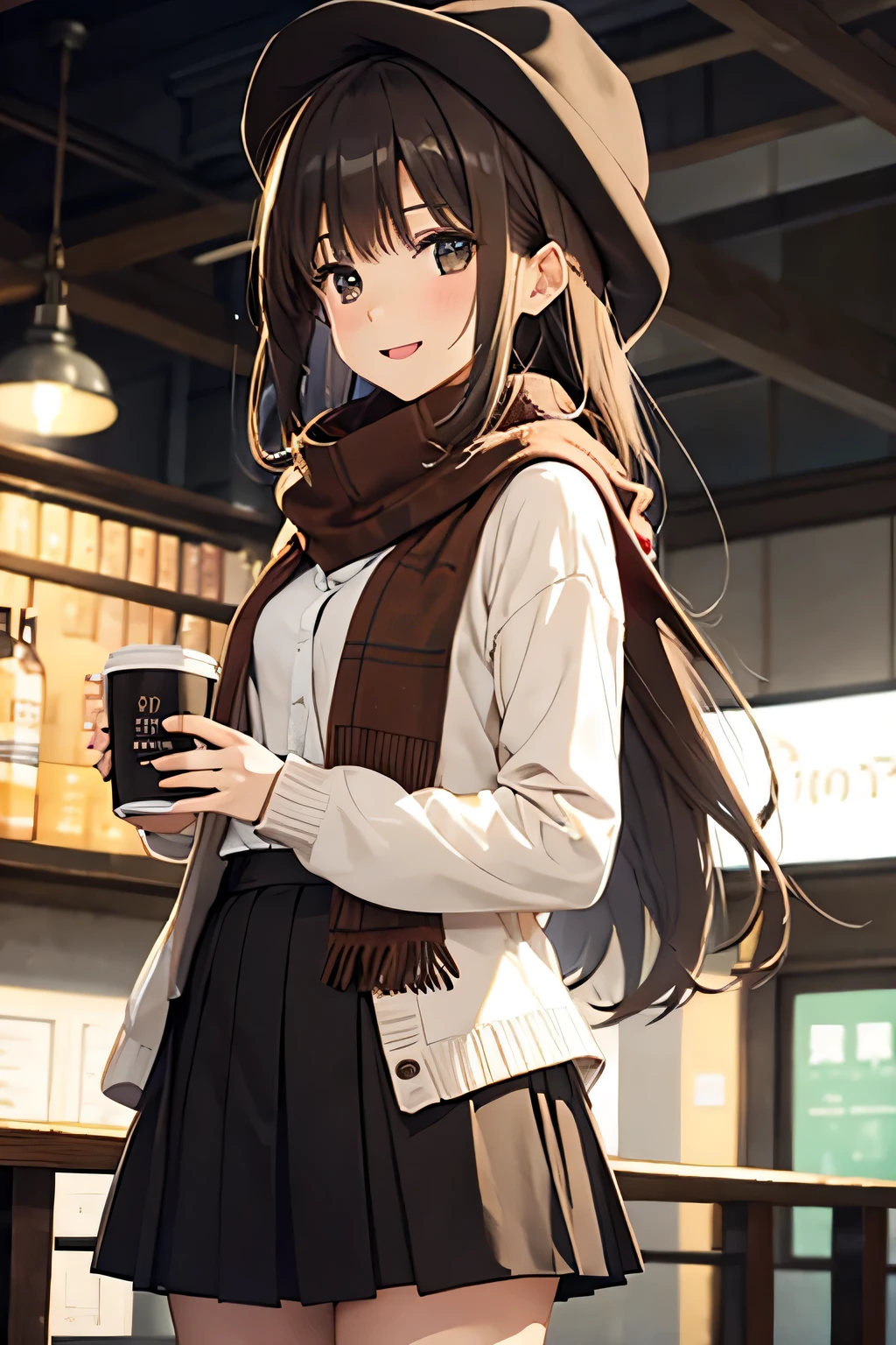  1 girl, 秋の紅leaf, bangs,  black headwear, Blurred Background, ,  Brown Eyes , Brown Hair, brown scarf, brown skirt,  cardigan, coffee,  cowboy shots, cup, disposable cup, [drink, 落ちleaf, Beanie, holding, holding [drink, leaf, Long Hair,  Long Sleeve ,  viewers almost at night, open  cardigan,  opens her mouth, Check pattern, Check pattern skirt, puffy  Long Sleeve , red sweater, scarf, shirt, shirt tucked in,  side lock, skirt, smile, Alone, sweater, white shirt,  very detailed, Complex, masterpiece, Absurd
