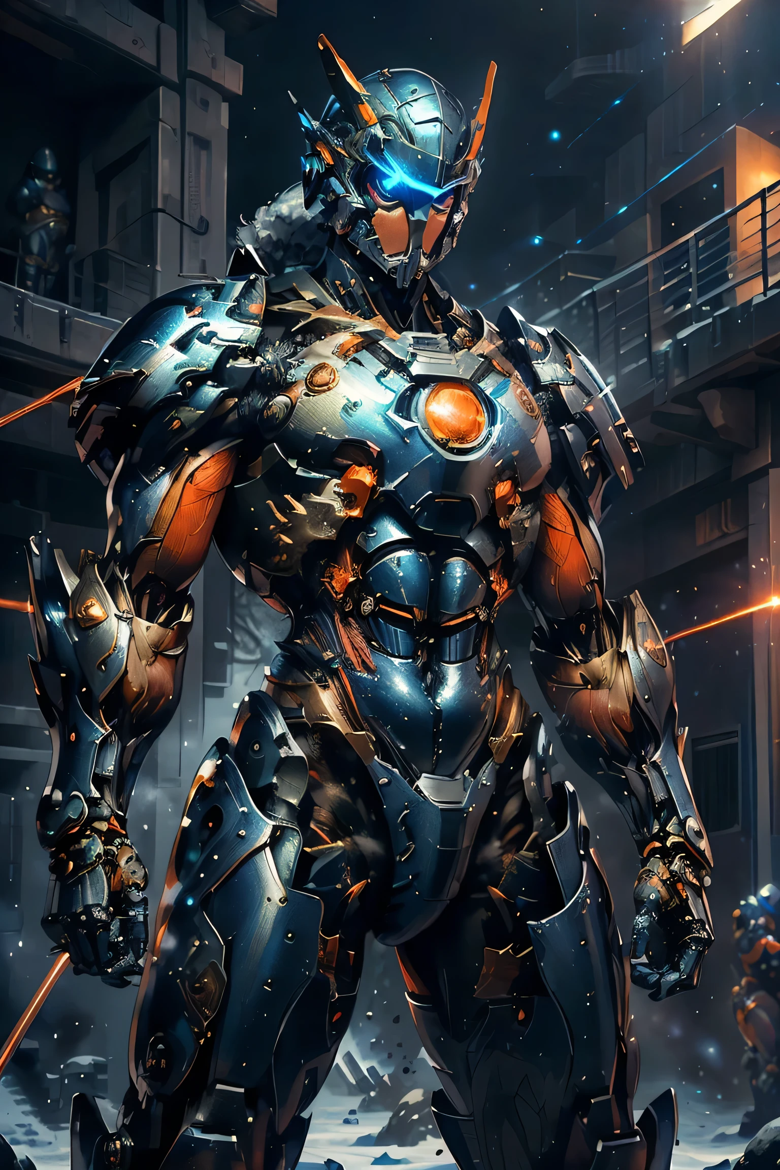 ((Fight with laser swords in both hands: 1.5 , dynamic pose: 1.5)), (metallic: 1.8, orange and blue suit: 1.5), (Japanese hero, whole body), (mech bodysuit with swords: 1.5), ((Blizzard: 1.5)), cyberpunk, (My eyes are shining brightly: 1.5), Suit parts are large , Lots of LEDs, ( helmet with sharp antennas), Unreal Engine 5, High image quality,  best quality,  High Resolution , Super detailed, Fine painting, Extremely delicate, professional,  anatomically accurate, creativity, RAW Photos, 超 High Resolution , 32K, Natural Light, Cinema Lighting, masterpiece-anatomy-perfect, masterpiece:1.5, ( portrait with notebook in hand), (action pose), ((was a mecha))