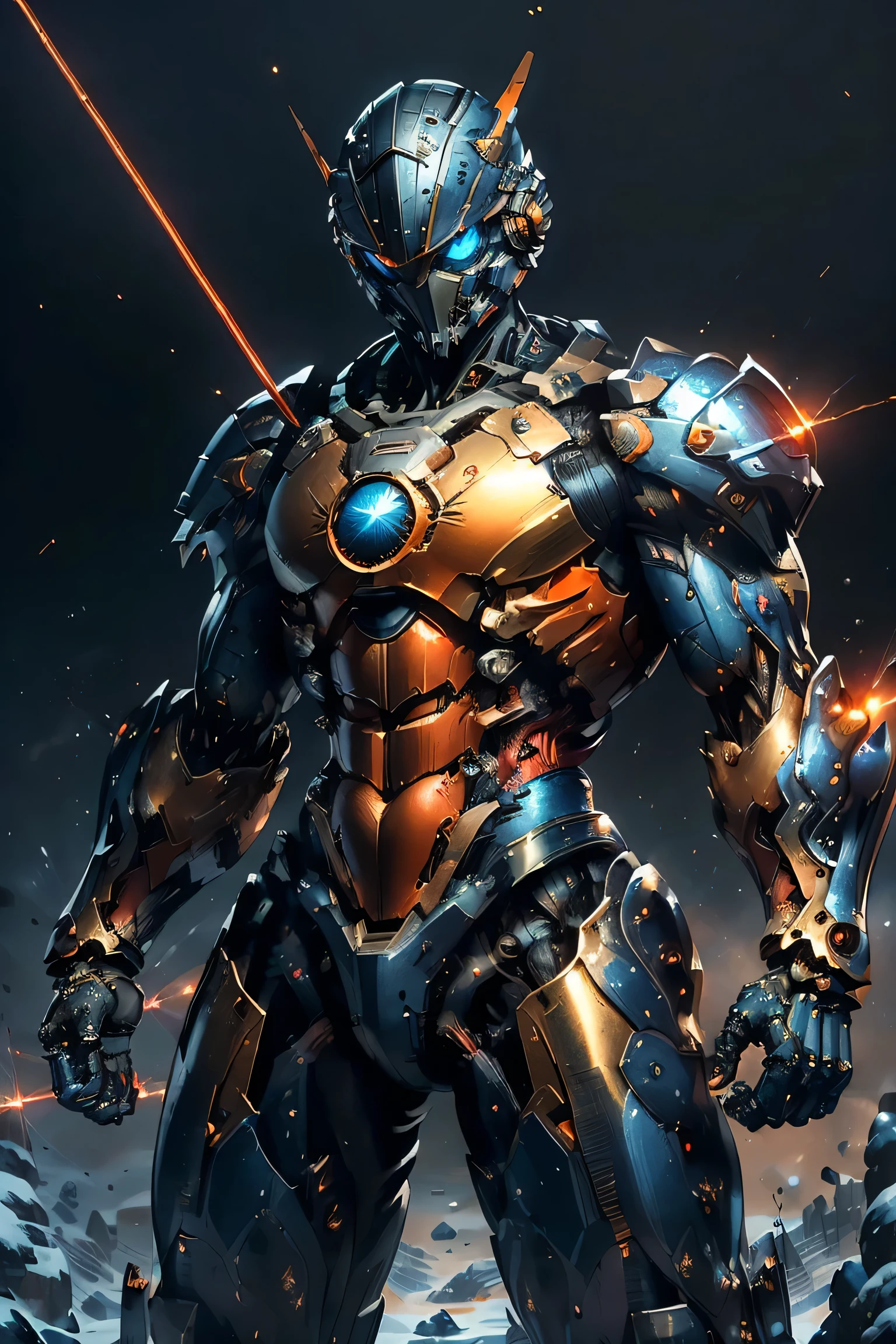 ((Fight with laser swords in both hands: 1.5 , dynamic pose: 1.5)), (metallic: 1.8, orange and blue suit: 1.5), (Japanese hero, whole body), (mech bodysuit with swords: 1.5), ((Blizzard: 1.5)), cyberpunk, (My eyes are shining brightly: 1.5), Suit parts are large , Lots of LEDs, ( helmet with sharp antennas), Unreal Engine 5, High image quality,  best quality,  High Resolution , Super detailed, Fine painting, Extremely delicate, professional,  anatomically accurate, creativity, RAW Photos, 超 High Resolution , 32K, Natural Light, Cinema Lighting, masterpiece-anatomy-perfect, masterpiece:1.5, ( portrait with notebook in hand), (action pose), ((was a mecha))