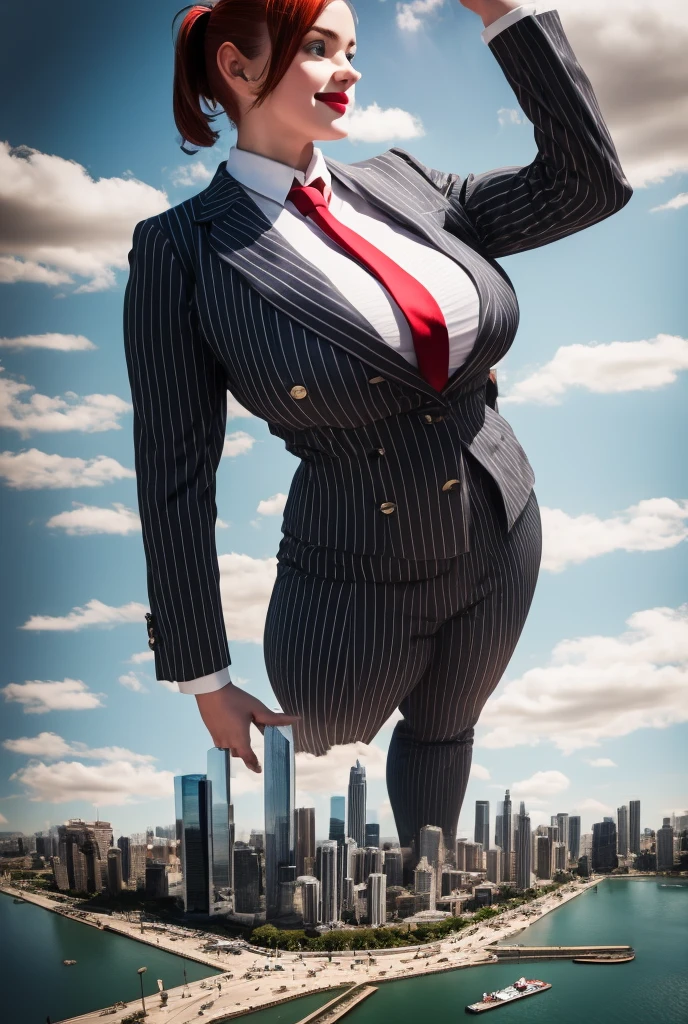 (photorealism:1.2), young , beautiful bbw schoolgirl a massive curvy ginger ponytail red lips wearing a perfect grey pinstripe suit with a thick dark red tie large collar large breasts. Platform high heels , standing, giantess art, highly detailed giantess shots, giantess, most detailed, perfect face, Two legs, Five fingers, short hair, A high school girl who is bigger than a skyscraper, standing on very small city, skyscarpers at their feet, skyscrapers small, smile, huge breasts, Red tie, major metropolis, numerous Destroying cities, Under heavy attack, A very small big city, Miniature metropolis, Full body description, GTS, giga giantess, gigagts, stomping city, crash city, tiny city, micro city, , High resolution, highest quality, masterpiece, 