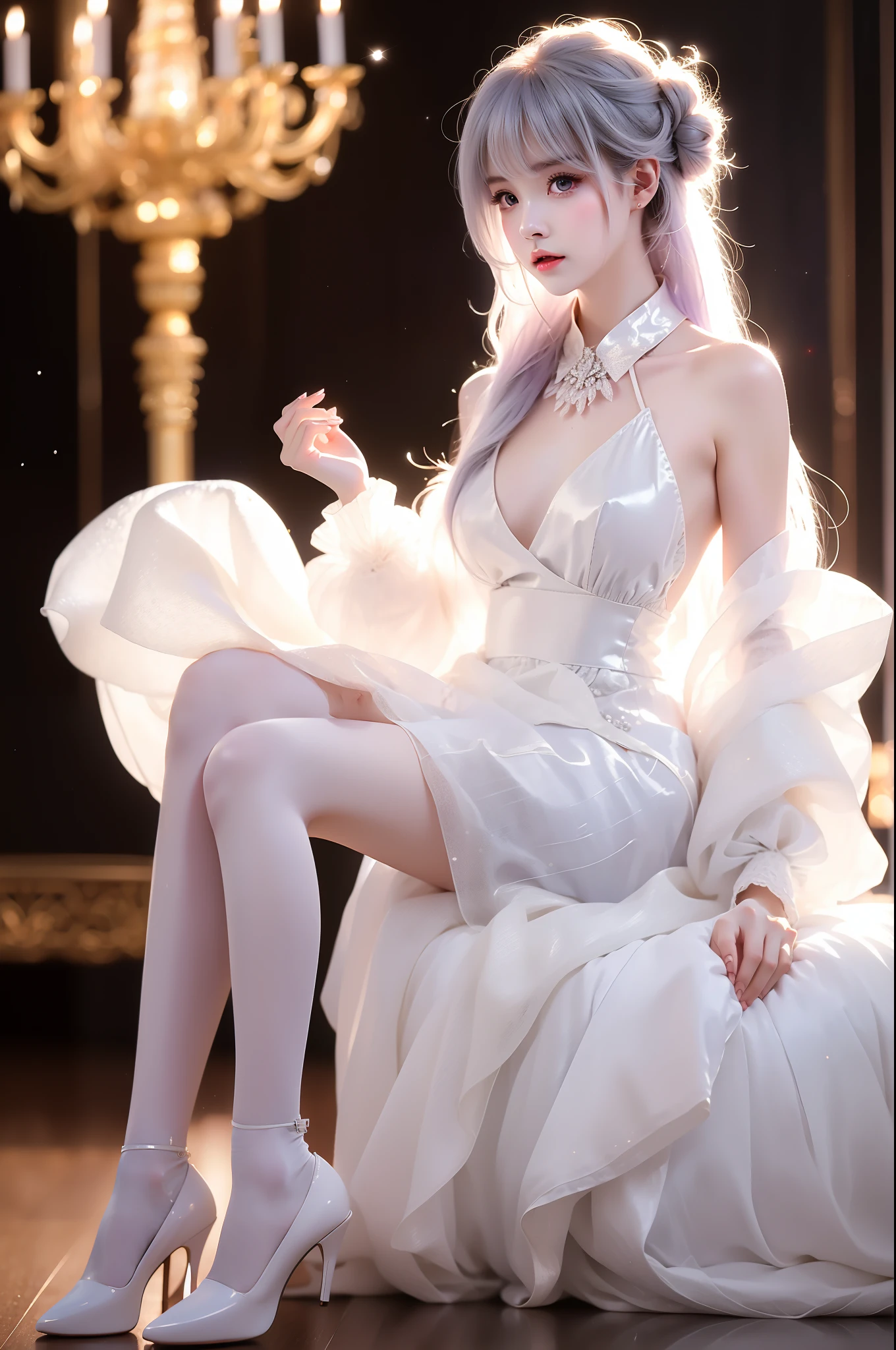 1girl,ahoge,white dress,light purple hair,long hair,white pantyhose,detached sleeves,detached collar, single_side_bun, (Asian beauty), ((full body)), ((Natural and elegant posture)), (night, starry sky, space scene), (slim athletic figure: 1.1), (visible cleavage: 0.8), (smooth skin, no deformities: 1.2), relaxed posture, Sexy long legs, The hemlines are short, head tilted, charming smile, hands gently lifted hemline, long shaggy hair flowing, delicate features: (large bright eyes, long eyelashes: 1.1), mouth slightly upturned, expression gentle and confident, (fidelity: 1.1) 1.2), high detail, soft lighting, warm tones