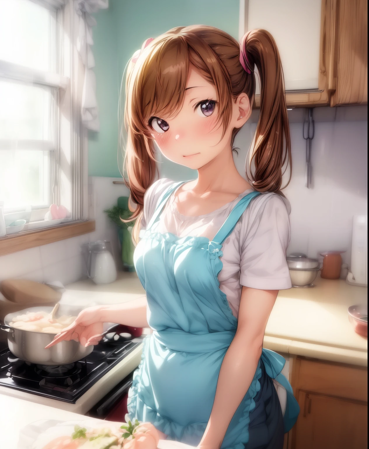 (masterpiece、Best Quality、Best Quality、Official Art、Beautiful and beautiful:1.2)、(One person:1.3) Hatsune Miku、 twin tails,Beautiful breasts,kitchen、Cooking、 twin tails,Beautiful breasts,Cute Apron、Adorable young girl , Delicate animated illustration , WATCH VIEWERS , Soft and smooth lighting, soft pastel colors, 120mm lens