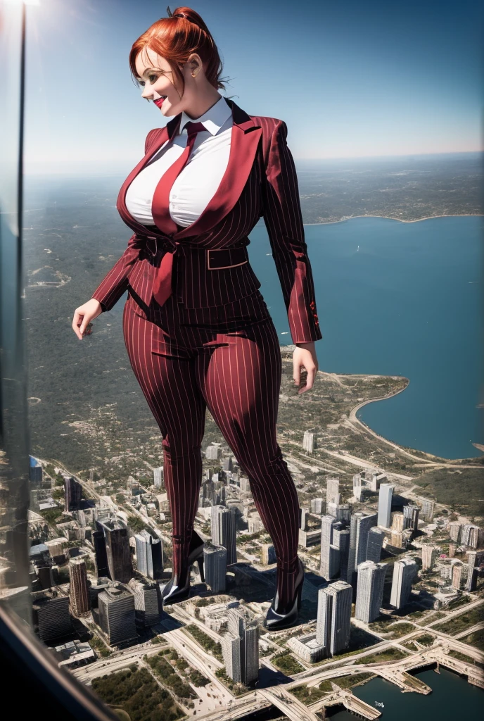 (photorealism:1.2), young , beautiful bbw schoolgirl a massive curvy ginger ponytail red lips wearing a perfect grey pinstripe suit with a thick dark red tie large collar large breasts. Platform high heels , standing, giantess art, highly detailed giantess shots, giantess, most detailed, perfect face, Two legs, Five fingers, short hair, A high school girl who is bigger than a skyscraper, standing on very small city, skyscarpers at their feet, skyscrapers small, smile, huge breasts, Red tie, major metropolis, numerous Destroying cities, Under heavy attack, A very small big city, Miniature metropolis, Full body description, GTS, giga giantess, gigagts, stomping city, crash city, tiny city, micro city, , High resolution, highest quality, masterpiece, 