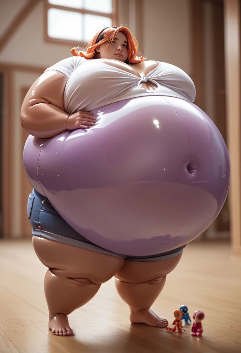 an impossibly obese inflatable woman pool toy who is laying down in bed, wearing nothing at all.  Her massive spherical belly, breasts, thighs, and pussy lips are immensely inflated to a gargantuan size, taut, and nearly bursting at the seams. An air hose is pumping up her plump engorged pussy