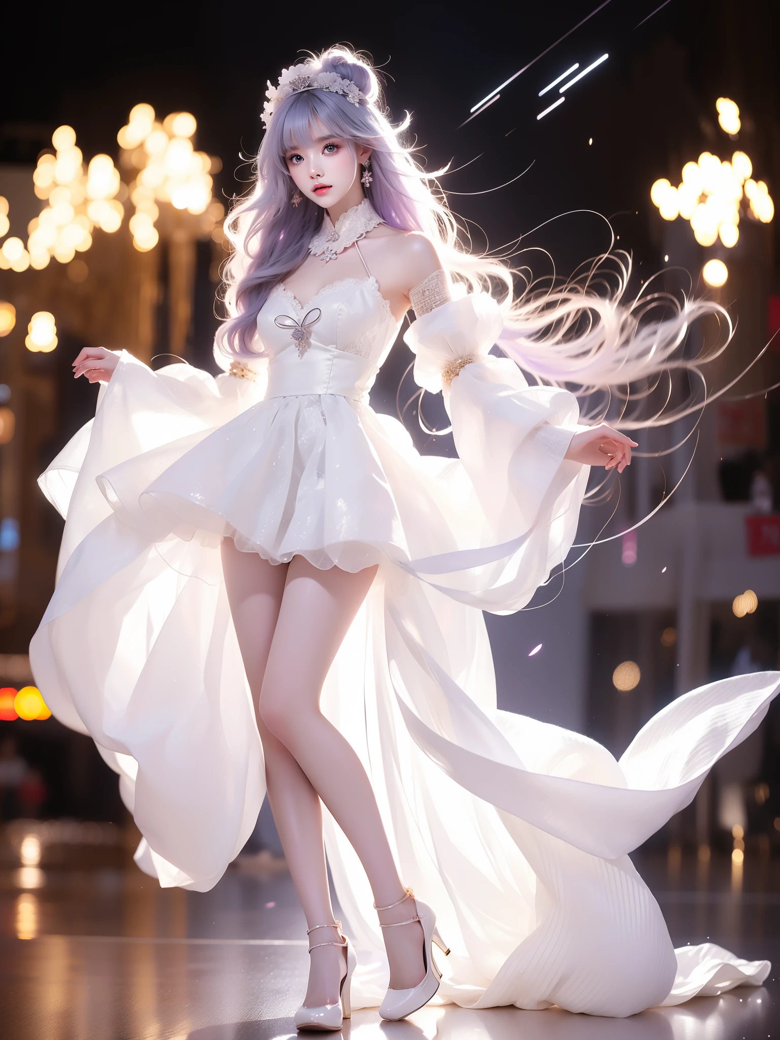 1girl,ahoge,white dress,light purple hair,long hair,white pantyhose,detached sleeves,detached collar, single_side_bun, (Asian beauty), ((full body)), ((Natural and elegant posture)), (night, starry sky, space scene), (slim athletic figure: 1.1), (visible cleavage: 0.8), (smooth skin, no deformities: 1.2), relaxed posture, Sexy long legs, The hemlines are short, head tilted, charming smile, hands gently lifted hemline, long shaggy hair flowing, delicate features: (large bright eyes, long eyelashes: 1.1), mouth slightly upturned, expression gentle and confident, (fidelity: 1.1) 1.2), high detail, soft lighting, warm tones