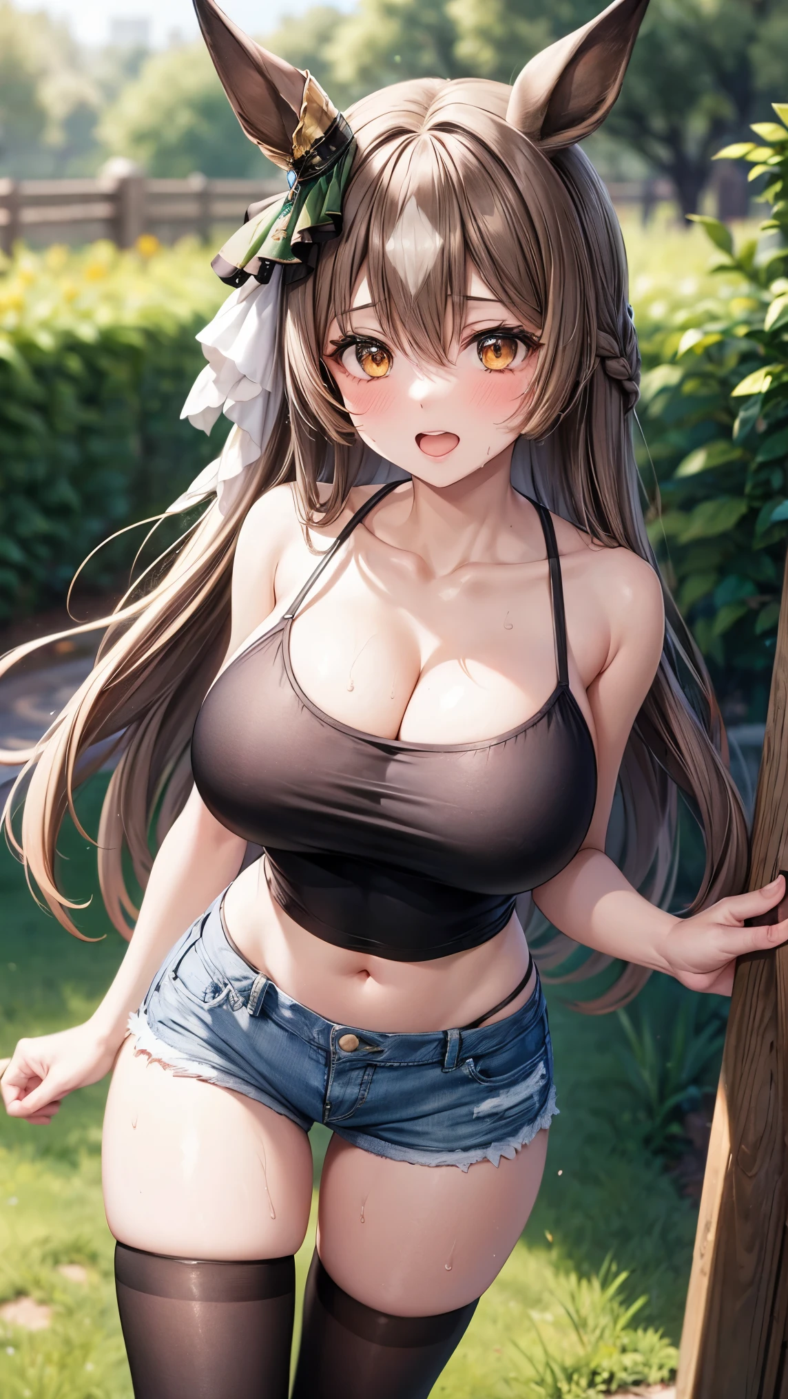 best quality,4k,8k,1girl,((big breasts:1.3)),orgasm,blush,sweat,aasato, long hair, half updo, braid, hair between eyes, animal ears, ear ornament, horse tail, camisole, bare shoulders, cleavage, crop top, cutoffs, denim shorts, midriff, short shorts, spaghetti strap, black thighhighs,garden,walking