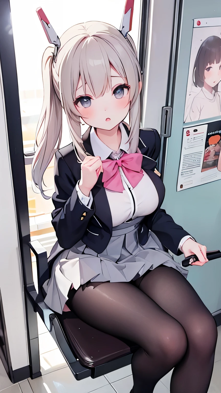 (8K、Highest quality、highest quality、masterpiece)、Detailed face、One girl、ONE boy、Ayanami、No corners 、long hair、、blunt bangs、Grey Eyes、、、((Blazer jacket))、((White shirt))、((Pleated skirt))、((No panties))、((bent over))、on the train、Standing in front of the cafeteria door、Sticks to the door glass、((Pressing her chest against the shop window 1.6))Spread your legs、Very large breasts、Nipples are visible、、Black Pantyhose、Milk dripping from nipples、Milk spurting from the nipple、、Open your mouth、Troubled face、Close ~ eyes、Love juice、Full body portrait、Masturbation、Put the vibrator in the crotch、Black Loafers、dildo in pussy