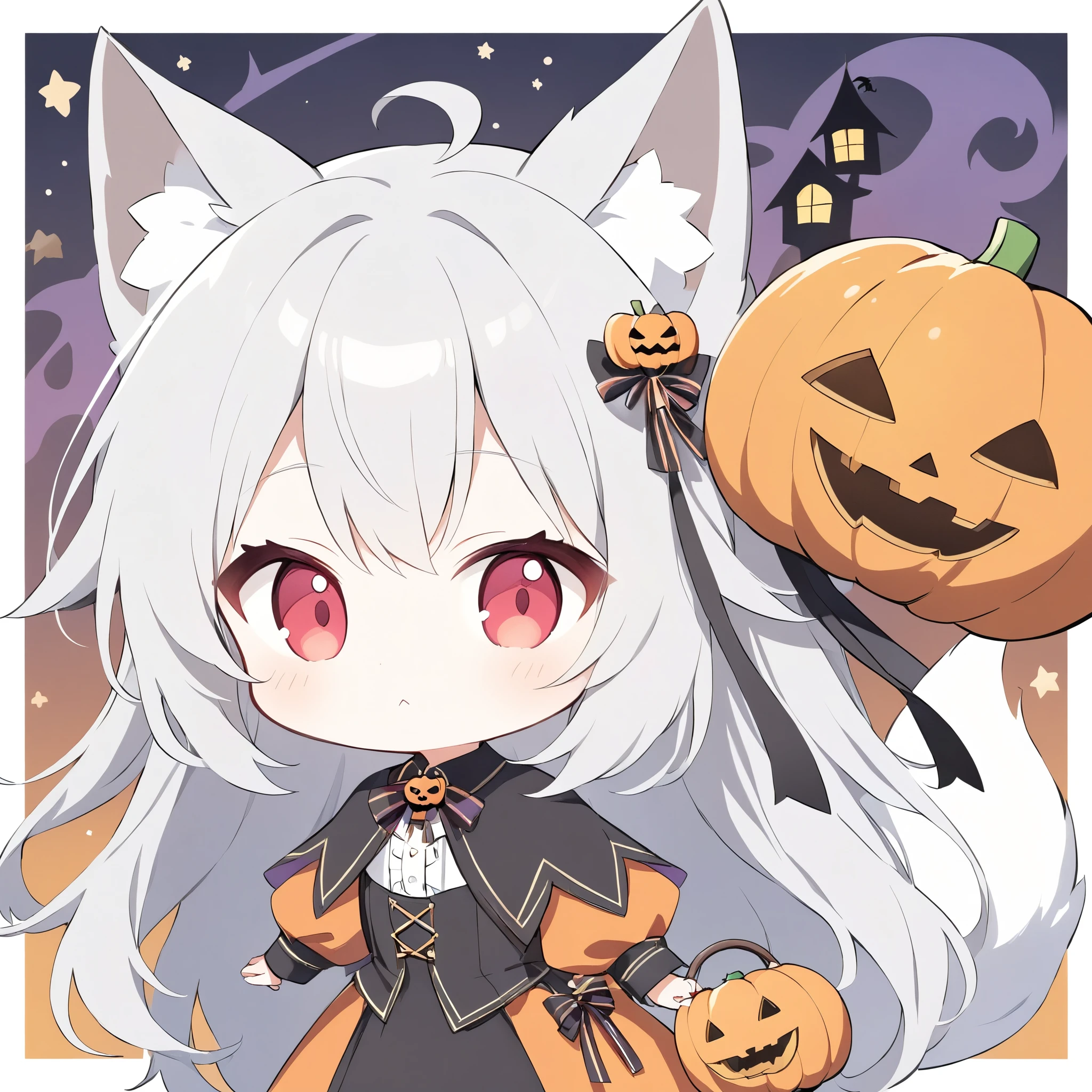 Avatar、icon、 little character 、White fox girl 、Gray Hair、  Smooth Long Hair  、Fox Ears、  Fox's Fluffy Tail  、Ruby Eyes、Slanted Eyes、cute、Halloween、 jack-o-lantern background、Witch Costume、They don't give me sweets and they're relentless、:<,Looking up