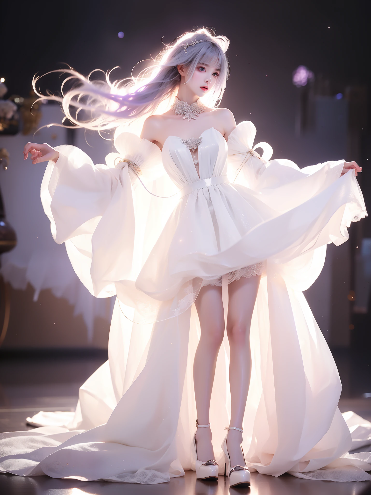 1girl,ahoge,white dress,light purple hair,long hair,white pantyhose,detached sleeves,detached collar, single_side_bun, (Asian beauty), ((full body)), ((Natural and elegant posture)), (night, starry sky, space scene), (slim athletic figure: 1.1), (visible cleavage: 0.8), (smooth skin, no deformities: 1.2), relaxed posture, Sexy long legs, The hemlines are short, head tilted, charming smile, hands gently lifted hemline, long shaggy hair flowing, delicate features: (large bright eyes, long eyelashes: 1.1), mouth slightly upturned, expression gentle and confident, (fidelity: 1.1) 1.2), high detail, soft lighting, warm tones