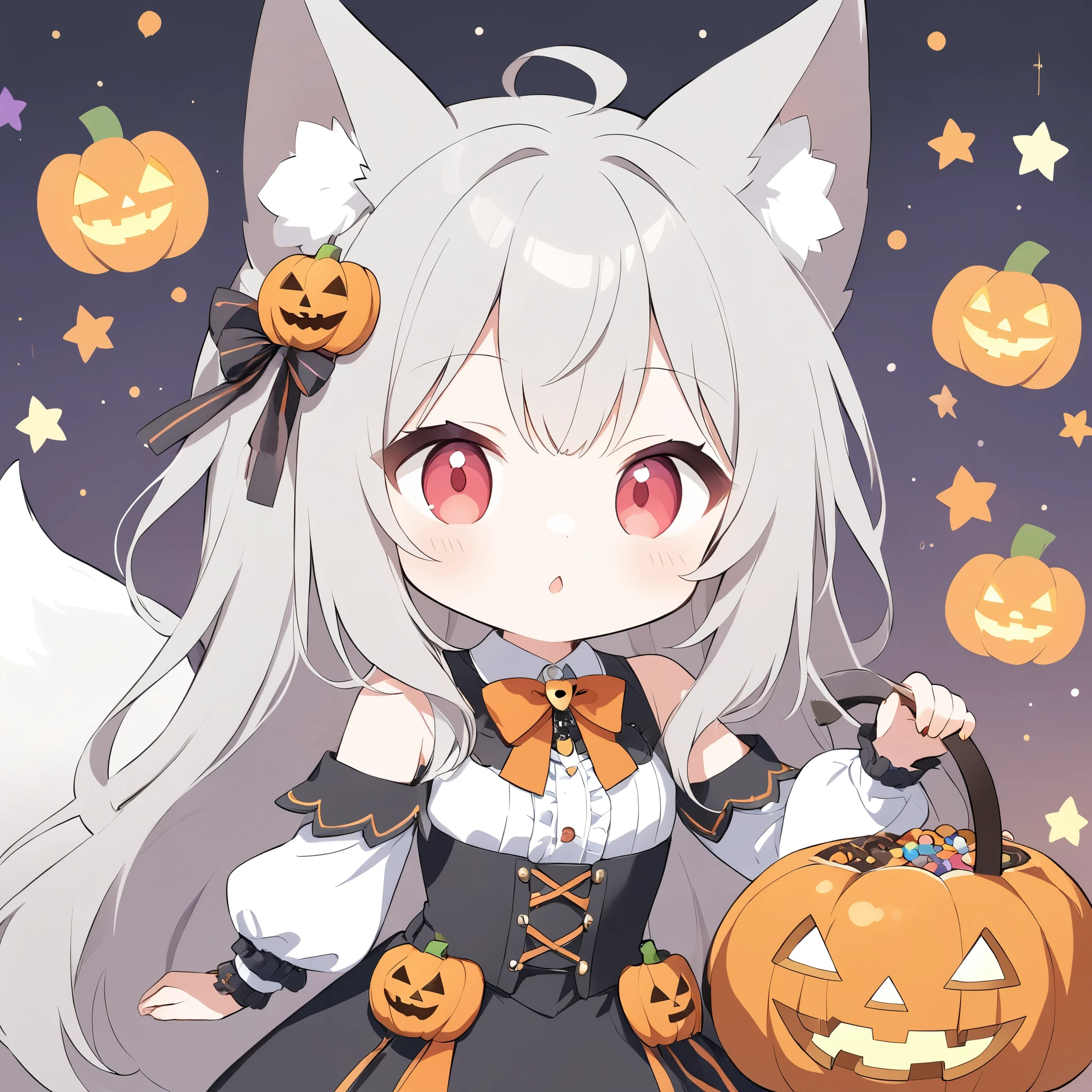 Avatar、icon、 little character 、chestnut mouth、White fox girl 、Gray Hair、  Smooth Long Hair  、Fox Ears、  Fox's Fluffy Tail  、Ruby Eyes、Slanted Eyes、cute、Halloween、 jack-o-lantern background、Witch Costume、They don't give me sweets and they're relentless,Looking up