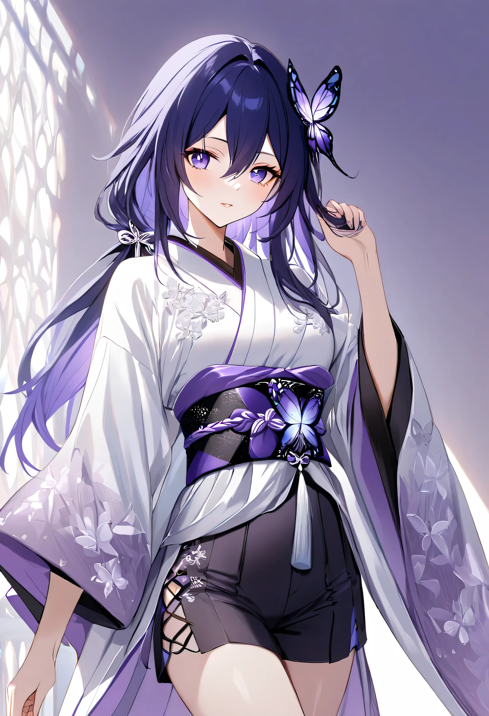 seele \(honkai: star rail\), dark blue hair, purple eyes, long hair, 1 girl, adult grown woman, masterpiece, best quality, beautiful detailed eyes, (kimono with butterfly patterns:1.6), (purple and white color palette:1.5), (wide sleeves:1.4), (ornate obi belt with tassels:1.6), (shorts:1.5), pantyhose, (floral knot details:1.4), (silk fabric:1.3), (light and airy aesthetic:1.4), (elegant but modern:1.5), (delicate embroidery:1.4), (minimalist accessories:1.2)