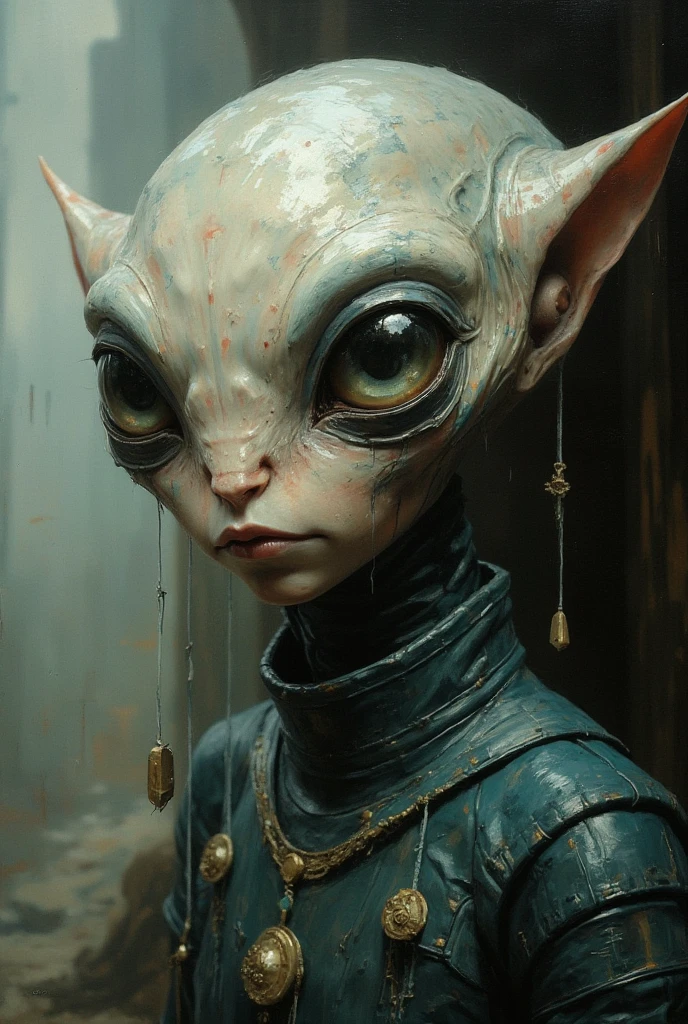 olpntng style, ""photo super realistic, Beautiful little alien creature by Mark Ryden and Dayu-Uonom, Nicoletta Ceccoli cinematic character render, Head to shoulder portrait, super detailed, art by James Jean and Sachin Teng, CGSociety, with a beautiful face, intricate" ", oil painting, ["Heavy strokes,
Dripping paint, fog, super detailed, film photography, light leaks, Larry Bud Melman, trending on artstation, sharp focus, studio photo, intricate details, highly detailed, Greg Rutkowski