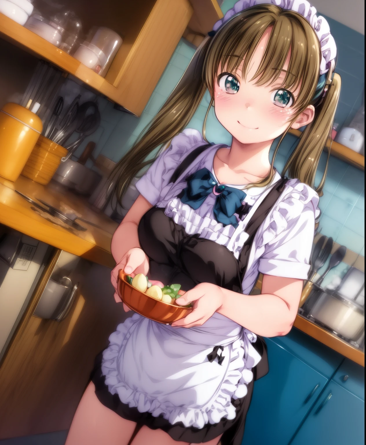 (masterpiece、Best Quality、Best Quality、Official Art、Beautiful and beautiful:1.2)、(One person:1.3) Hatsune Miku、 twin tails,Beautiful breasts,kitchen、Cooking,Beautiful breasts,Cute Apron、Adorable young girl , Delicate animated illustration ,  WATCH VIEWERS , Soft and smooth lighting,  soft pastel colors, 120mm lens