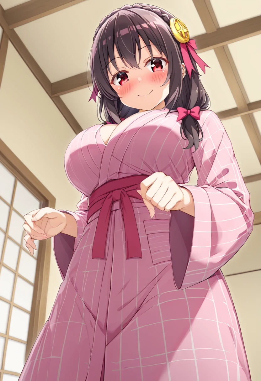 yunyun、masterpiece,Best Quality,  High Resolution ,One person, Yunyun、名前はYunyun,  crown braid the same color as my hair, Black Hair、Red eyes、 hair accessories , Hair Ribbon, Pink Yukata, (She has big breasts)、(Smiling Kindly:1.4)、(blush:1.3)、indoor、♥、heart、( it's opening its mouth)、(四つん這い:1.4)、View the viewer、View from below