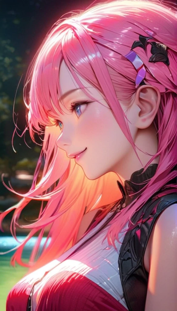   beautiful girls , Long Pink Hair, Beautiful Face,smile, hips, Beautiful breasts, Close up to the middle of a beautiful lake , ( opens her mouth:0.4),Illustration, detailed texture (Realist),Super detailed, Portrait Style ,Vibrant colors, Soft Lighting ,  blanking, Mature, Hair fluttering, Cool moonlight, ((half body)), Wearing complicated clothes, Lively. ((Profile up to waist)),  hair accessories  