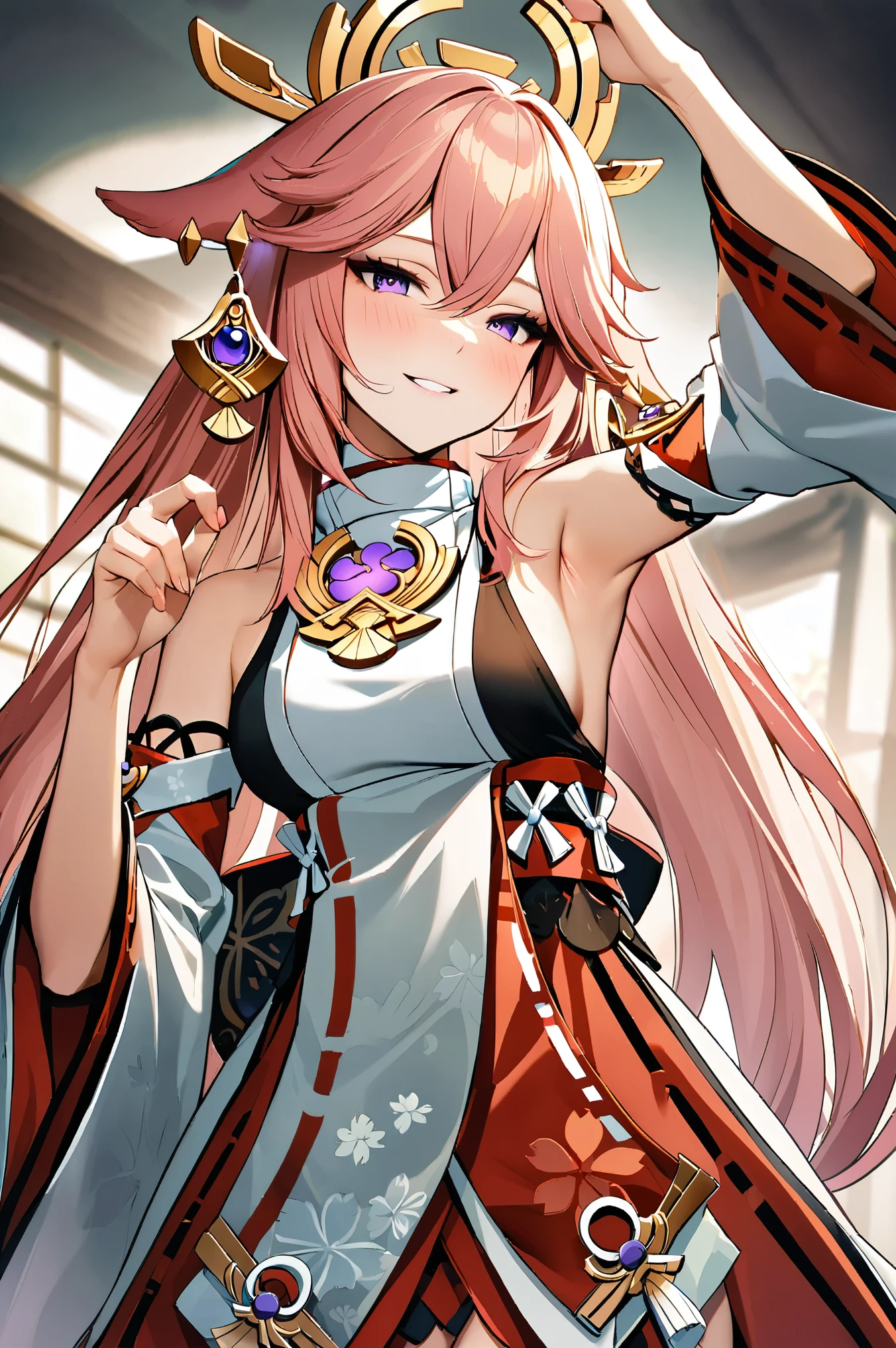 NSFW,masterpiece,Best Quality, High Resolution , very detailed ,Yae Miko\(Genshin Impact\),Hair accessories、kimono、Armpits、Sleeveless、Wide sleeves、gem、 earrings、Shoulder Bare,