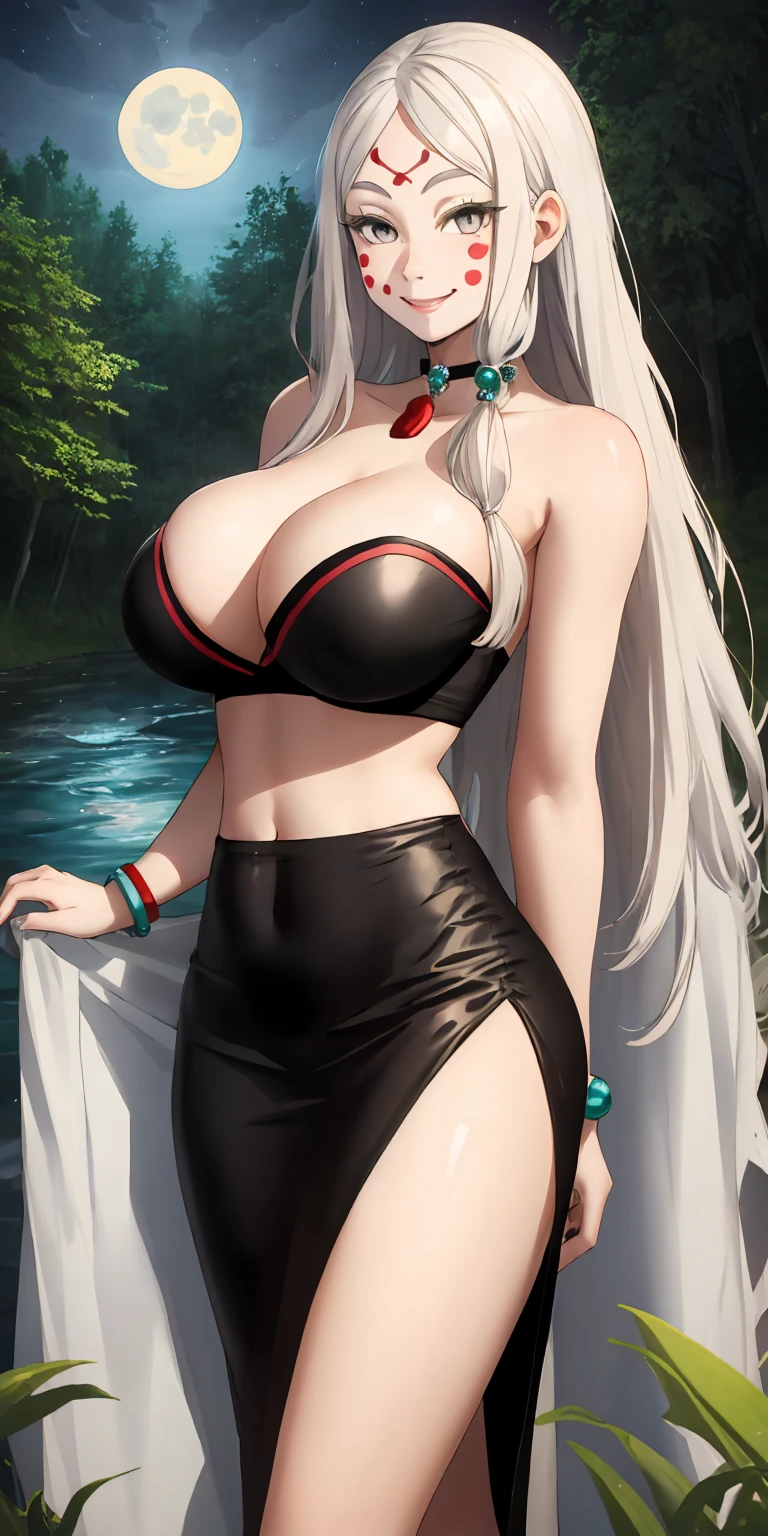 masterpiece, ultra high-quality, extremely detail 8k cg, high resolution, 1girl, mature female, MTSpiderV4, white hair, hair ornaments, flower, facial markings, forehaed mark, pale skin, grey eyes, cleavage, jewelry, gigantic breasts, collarbone, bracelet, choker, black top, tube top, strapless, sleeveless, midriff, navel, tubeskirt, miniskirt, tight skirt, black clothes, beautiful face, smile, night time, moonlight, outdoors, forest, river, rain, thunderstorm