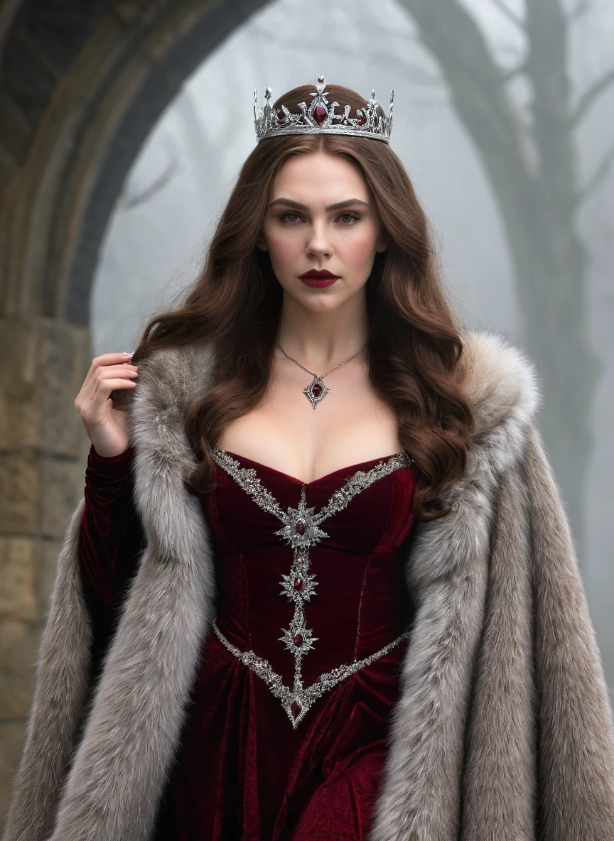 NSFW, fully body photo, Vampire Queen, (gigantic cleavage breasts:1.5), (Sex life:1.2), (White skin),The Elder Scrolls Serrana costume,Gothic,Show fangs,dark castle,show tits
