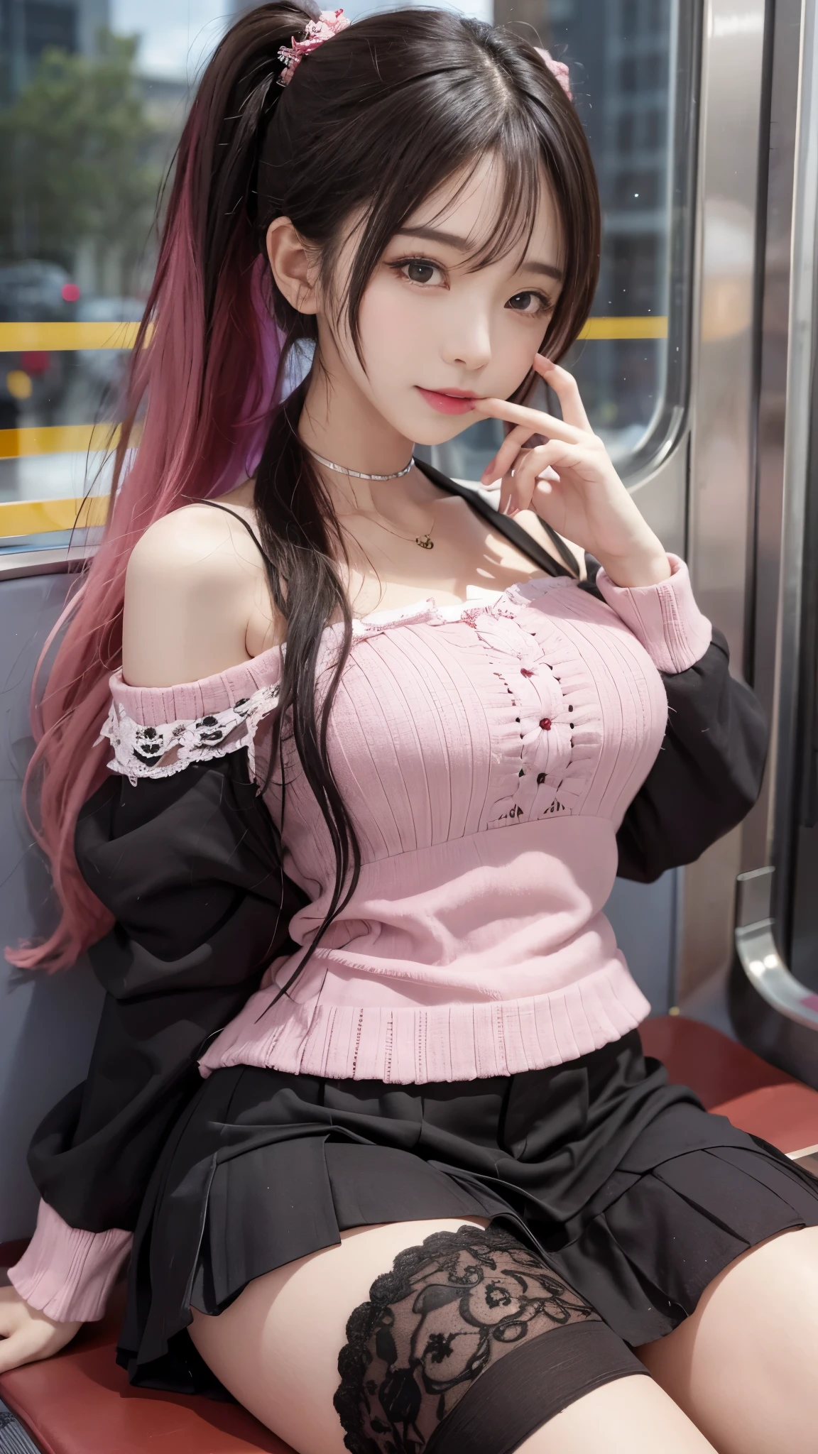 Korean,Sitting on a train,(((masterpiece))), (( best quality)), (( complicated details)), (( Ultra Realistic )), Ridiculous Resolutions, Mature Woman, mature women, very detailed, Awareness-raising, 1 girl,((Large Breasts)), Perfect hands, Detailed fingers, beautiful detailed eyes , Lowered twin tails, Colored Inner Hair , Very long black hair, Very bright pink hair, Brown-eyed, Name tag, ( Korean style long sleeve dark pink off-shoulder, Black Ruffle Lace Up Pleated Skirt, black knee-high socks:2.2), detailed background, perfect eyes, Captivating Eyes,Slightly open mouth, ((巨乳 1 girlが:1.2))