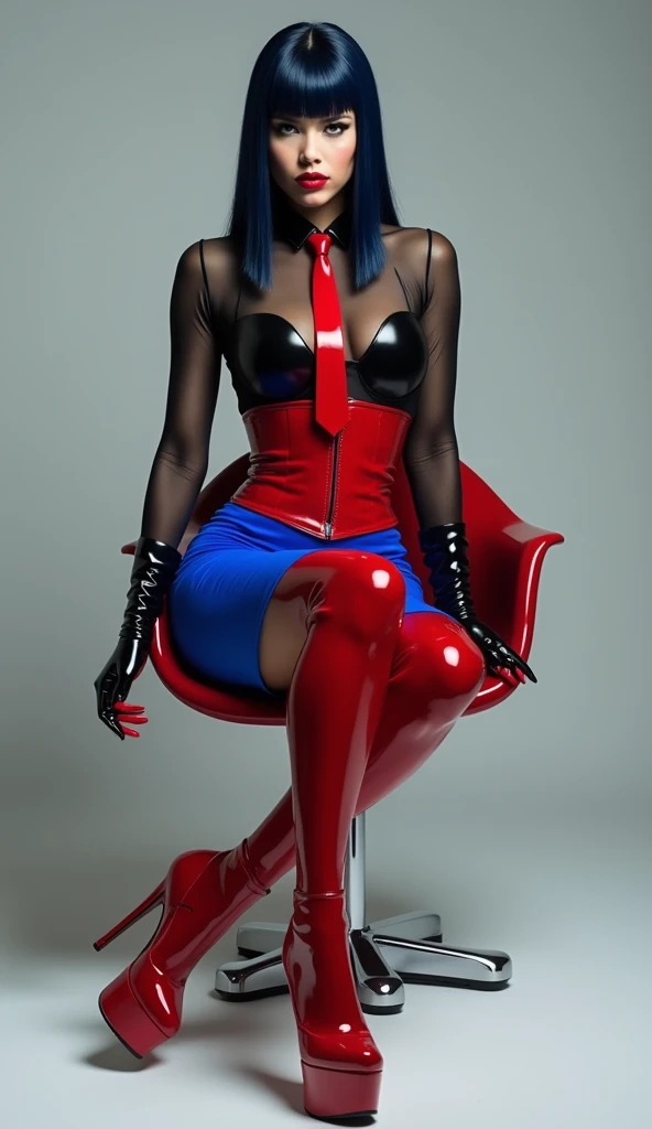 femme, assise sur une chaise brillante avec les jambes croisées, latex, brillant, chemisier en latex transparent noir, cravate latex rouge, corset latex rouge, jupe crayon bleu électrique en latex, vinyle talons platform avec extrêmement haut rouges, visage sévère, black brillant leaps, cheveux raide arriere bleu foncé .