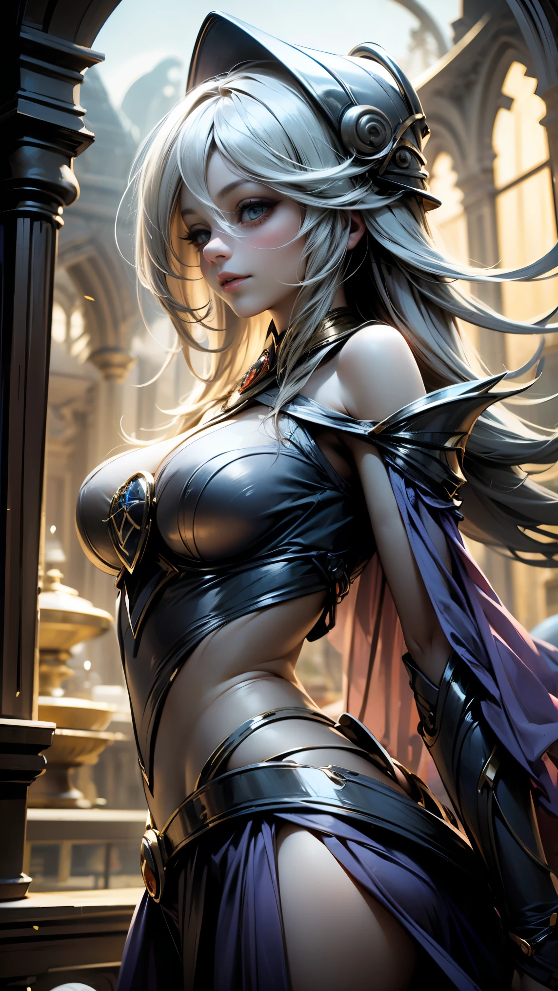  ((best quality)), ((masterpiece)), (detailed), 1girl, NSFW, small breasts, prominent collarbones, skinny arms, flat stomach, visible hip bones, long hair, ponytail, thick ponytail, heavy ponytail, red and white clothing, Bloodborne inspired, occult aesthetic, occult, detailed and intricate steampunk and detailed gothic 