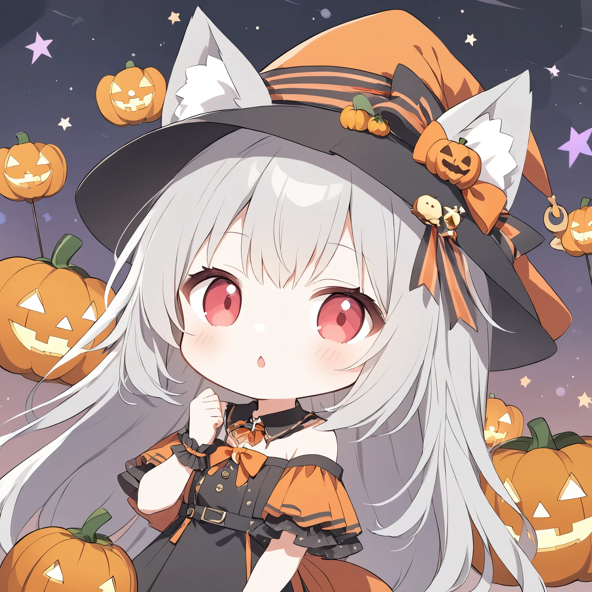 Avatar、icon、 little character 、chestnut mouth、White fox girl 、Gray Hair、  Smooth Long Hair  、Fox Ears、  Fox's Fluffy Tail  、Ruby Eyes、Slanted Eyes、cute、Halloween、 jack-o-lantern background、Witch Costume、Begging for candy 、Looking up