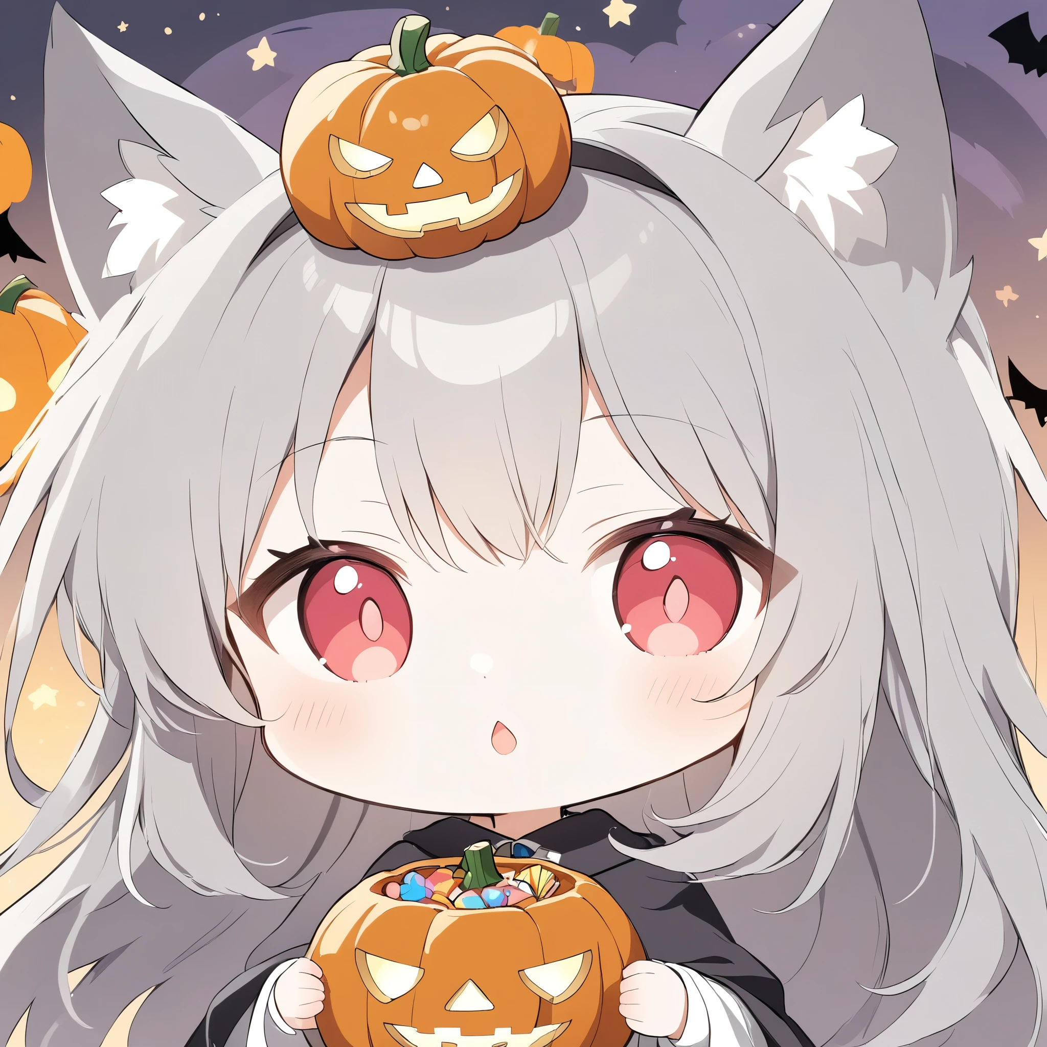 Avatar、icon、 little character 、chestnut mouth、White fox girl 、Gray Hair、  Smooth Long Hair  、Fox Ears、  Fox's Fluffy Tail  、Ruby Eyes、Slanted Eyes、cute、Halloween、 jack-o-lantern background、Witch Costume、Begging for candy 、Looking up