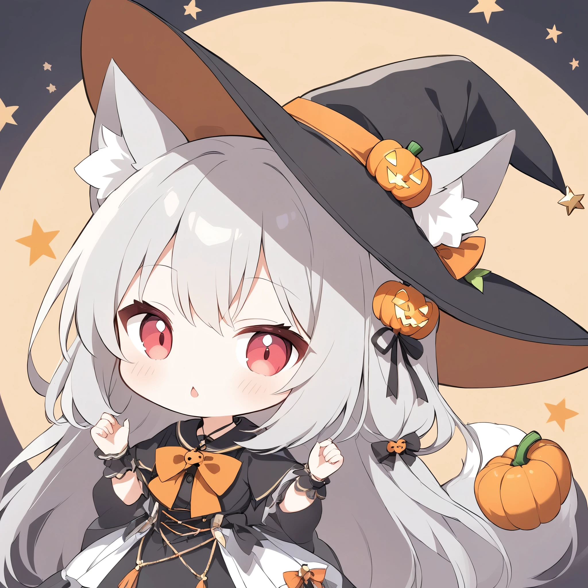 Avatar、icon、 little character 、chestnut mouth、White fox girl 、Gray Hair、  Smooth Long Hair  、Fox Ears、  Fox's Fluffy Tail  、Ruby Eyes、Slanted Eyes、cute、Halloween、 jack-o-lantern background、Witch Costume、Begging for candy 、Looking up