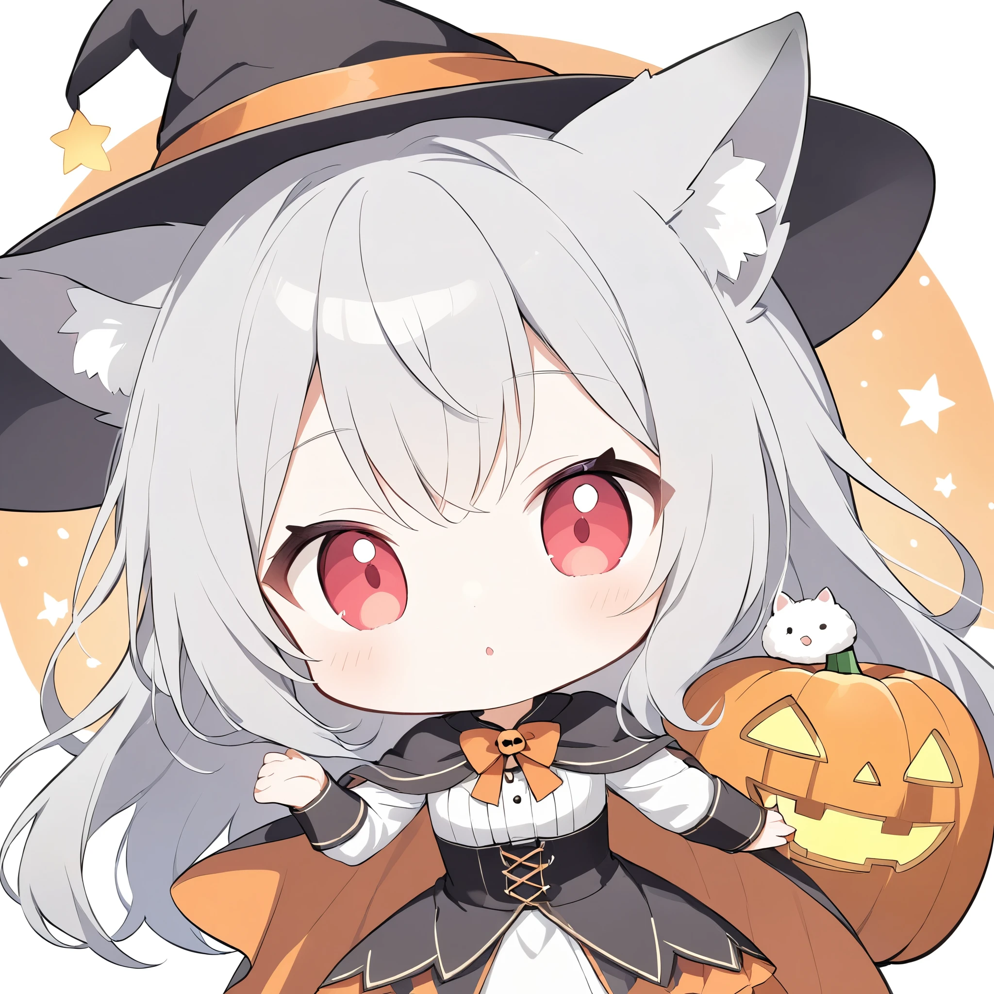 Avatar、icon、 little character 、White fox girl 、Gray Hair、  Smooth Long Hair  、Fox Ears、  Fox's Fluffy Tail  、Ruby Eyes、Slanted Eyes、cute、Halloween、 jack-o-lantern background、Witch Costume、Begging for candy 、Looking up